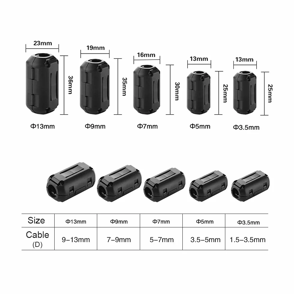 Núcleo de Anillo de Ferrita 3.5mm Negro, Supresor de Ruido RFI EMI, Filtro Antiinterferencias Alta Frecuencia