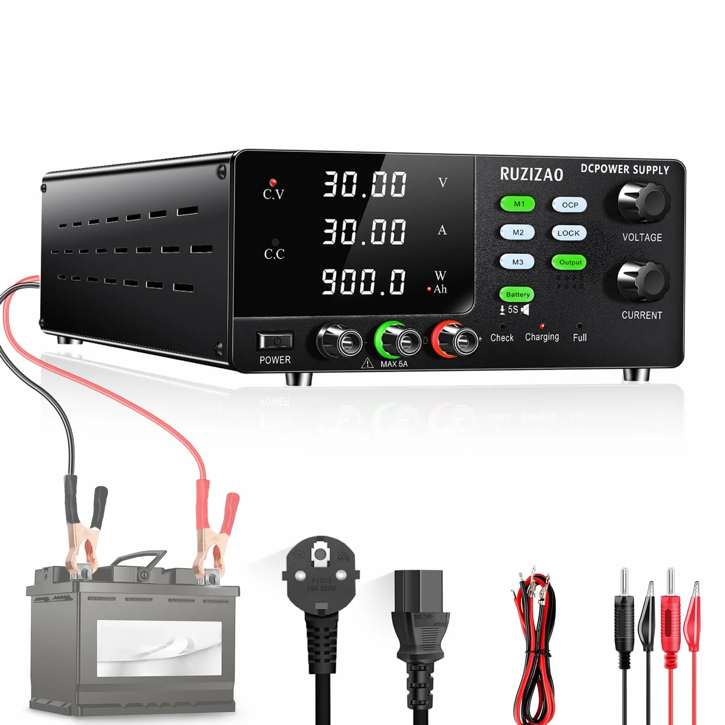 Fuente de alimentación de laboratorio (30 V, 30 A, 900 W, alta potencia, con botón codificador 6 V, 12 V, 24 V, para carga de batería/memoria almacenamiento función/función OCP