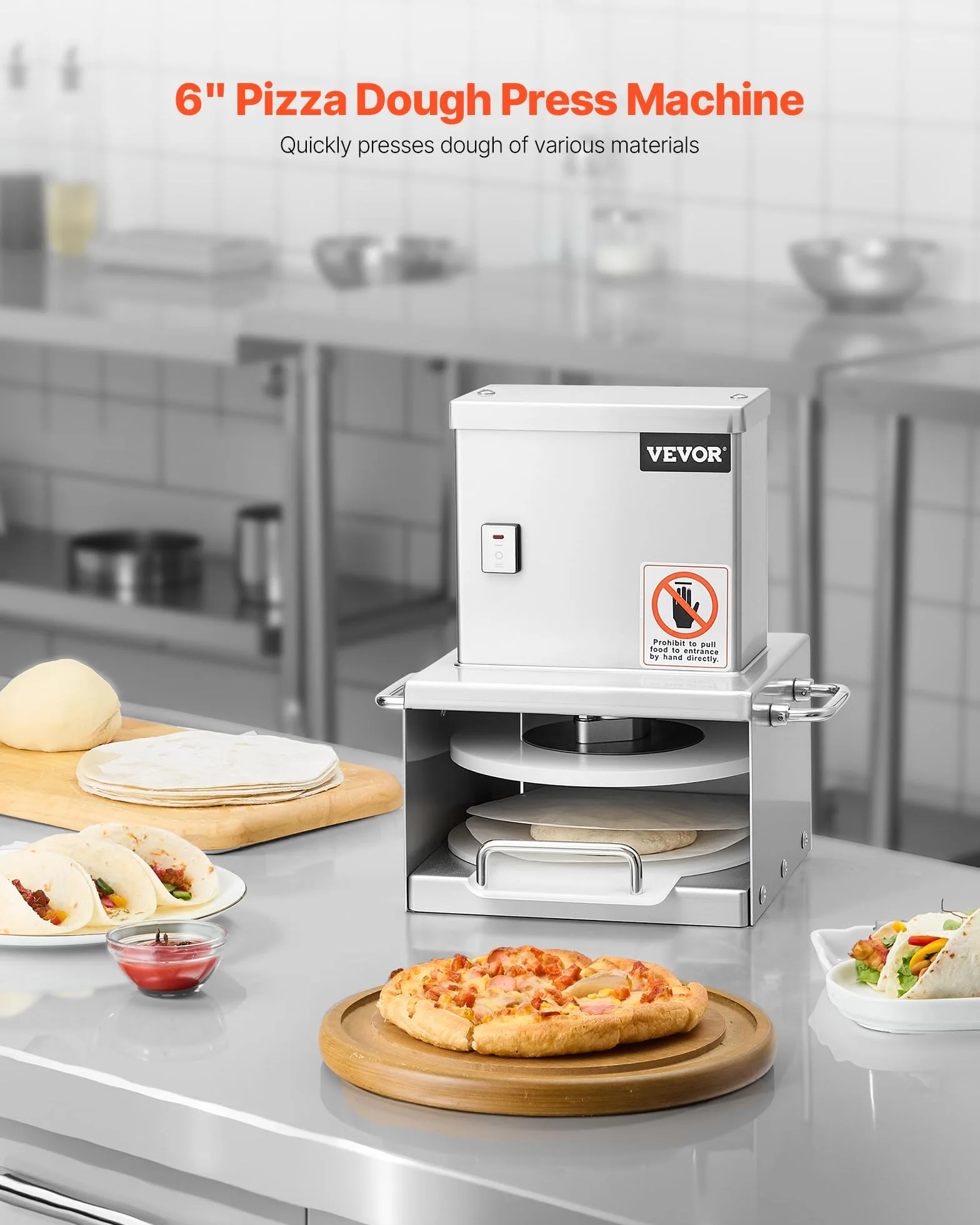 VEVOR Prensa Eléctrica para Masa de Pizza, Placa de Prensado 15 cm, Máquina de Pan de Acero Inoxidable, Espesor Ajustable, con 100 Hojas de Papel Pergamino, 240 x 250 x 330 mm, Fácil de Usar