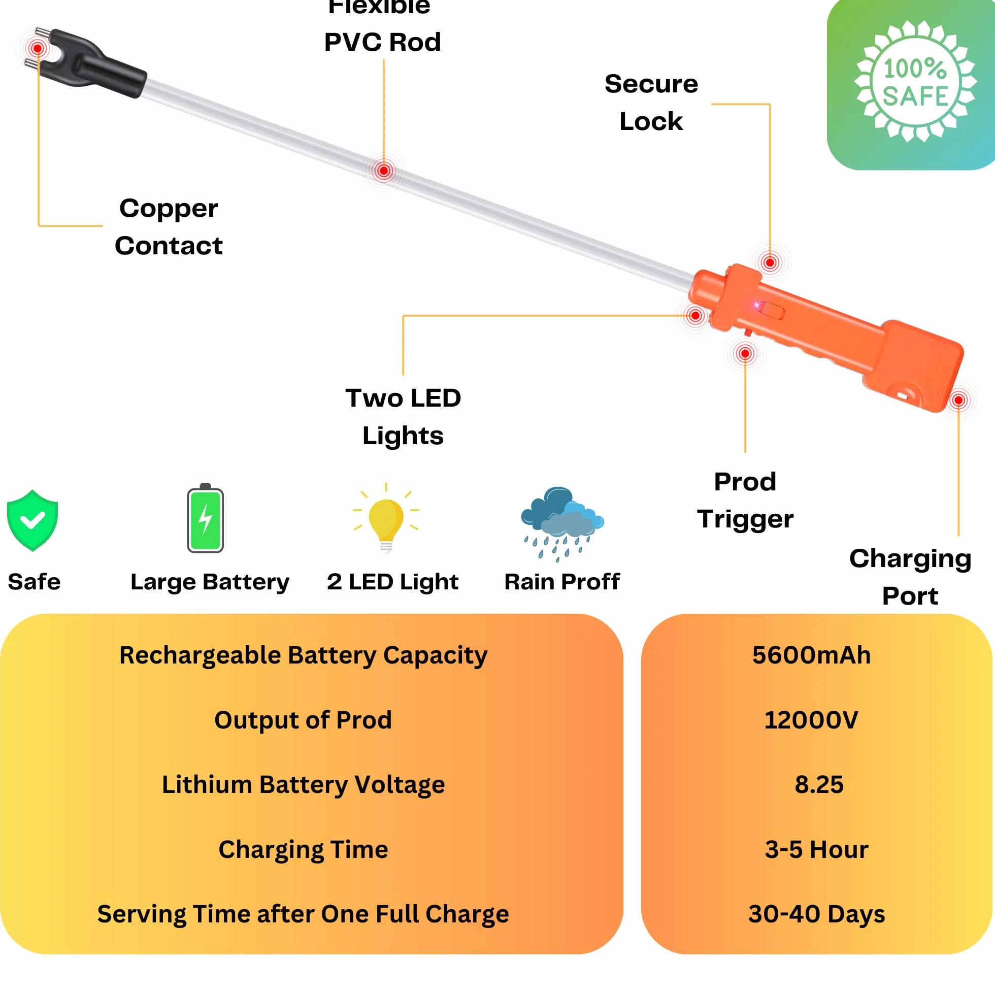 Prod de ganado recargable, impermeable, eléctrico con 2 luces LED, accesorio de animales recargable para pastoreo de rancho de granja y perros grandes grandes, palo de choque de ganado con eje