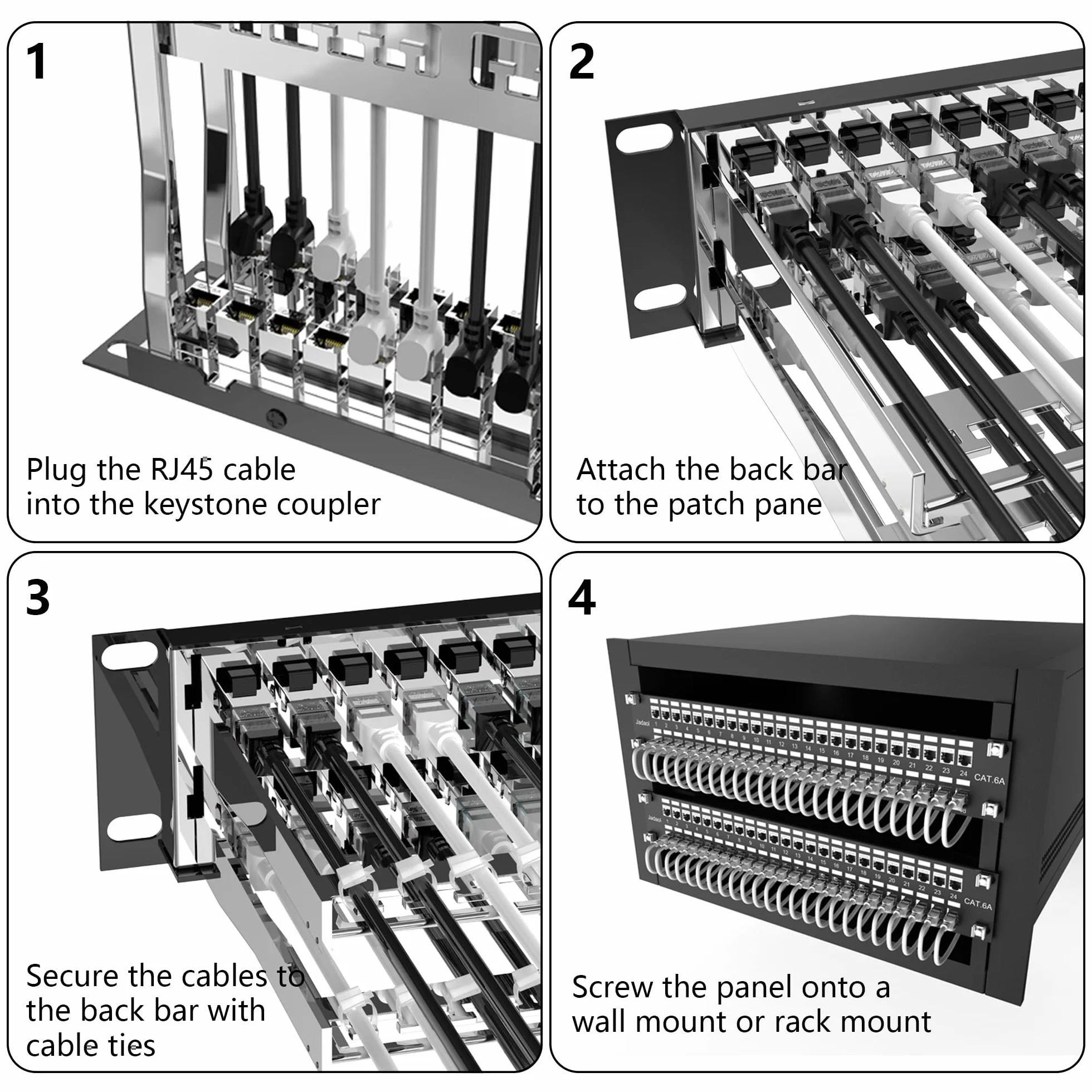 Jadaol Panel de conexión blindado de 48 puertos o montaje en pared de 19 pulgadas, panel de red Cat6A de 2U precargado con 48 acopladores Keystone más 2 paneles Ethernet de repuesto de 10 Gbps con