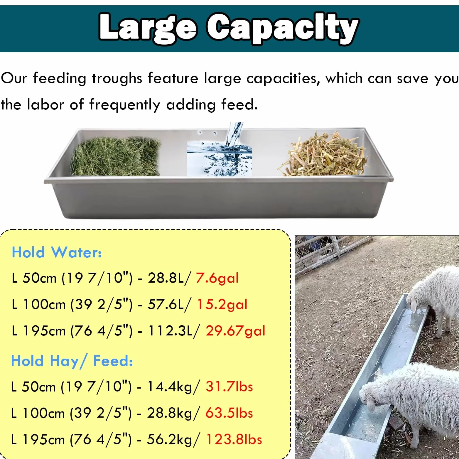 Comedero de heno para cabras de gran capacidad, comedero largo para ovejas, caballos, cerdos, comederos portátiles para animales