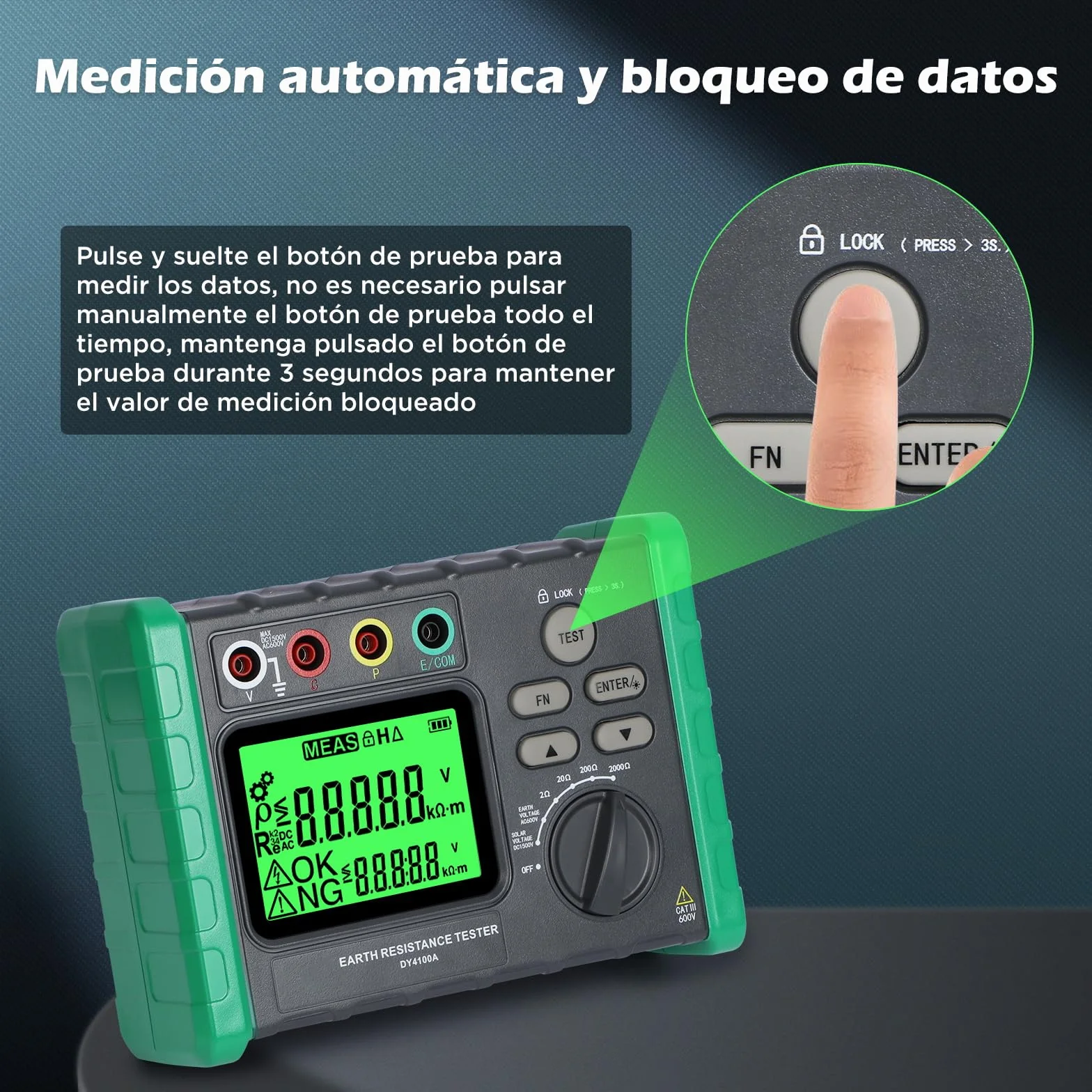 DY4100A Probador de Resistencia de Tierra, 0~2000 Ω Ajustable Medidor de Resistencia a la Tierra 0~600 V Megóhmetro Instrumento de tierra con LCD Pantalla, Probador de Tensión Solar