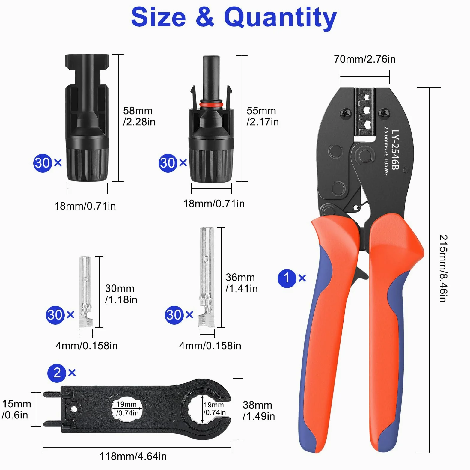 Kit de herramientas de crimpado solar con 60 conectores solares, 1 par de llaves inglesas de conector solar, 1 pelacables de alambre, herramienta de crimpado para montaje de extensión de cable de