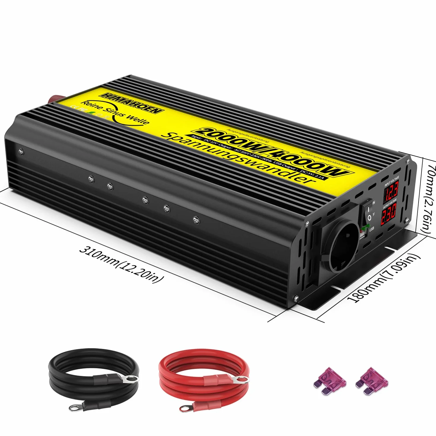 Inversor 12V a 230V 2000w/4000w Conversor de Voltaje de Onda sinusoidal Pura, para casa, Caravana, camión, con Conector USB Integrado 5V/2.1A