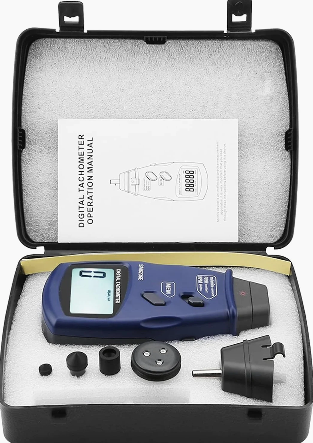 SM6236E - Tacómetro digital de foto, probador de rotación digital con función de almacenamiento automático, tacómetro de mano con 5 dígitos de 18 mm retroiluminación LCD