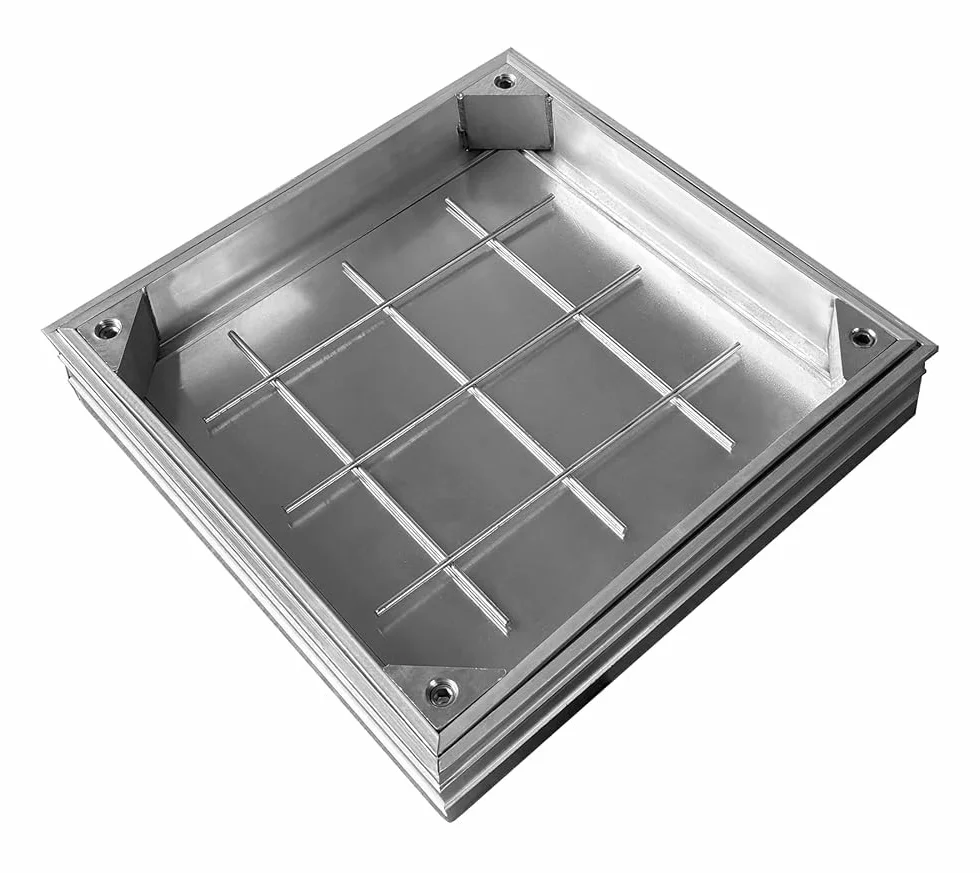 Tapa de alcantarilla de aluminio cuadrada. Ancho de la luz: 300 x 300 mm. Se puede rellenar con junta de goma. Tapa de alcantarilla para interior/exterior, resistente al olor/día, bajo ruido