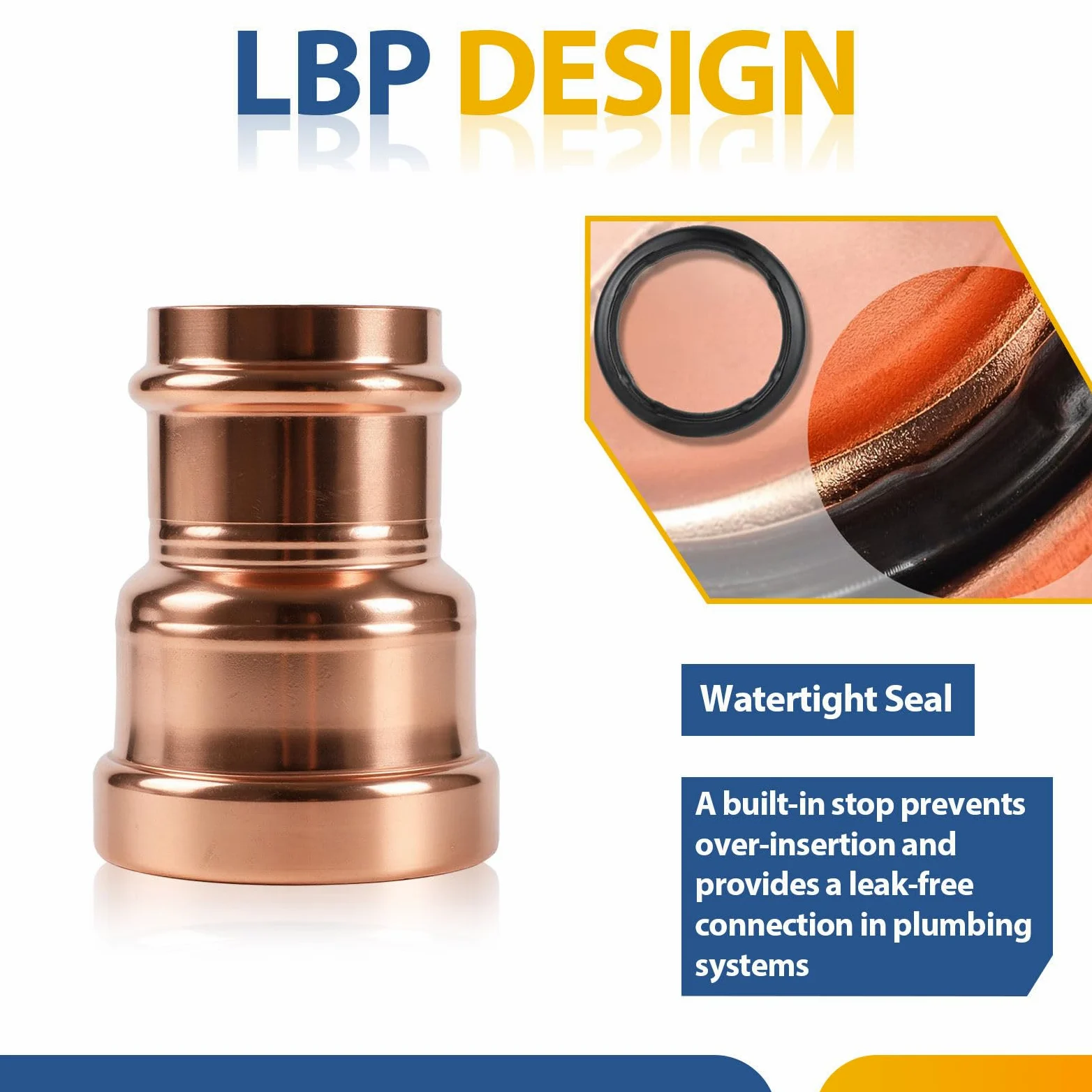 Paquete de 2 acoplamientos de presión de cobre GUOFIS sin tope, 1-1/4" x 1/2", acoplamiento de cobre para conexiones de tuberías de reparación y remodelación de plomería, diseño de flujo continuo.