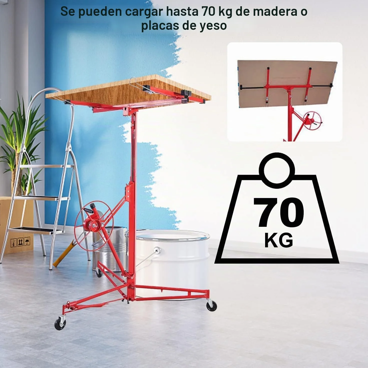 Elevador de placas plegable XXL, 140-350 cm de altura de trabajo, ajustable en altura para placas de yeso, 68 kg de carga, 290 cm de ancho máximo del brazo de carga