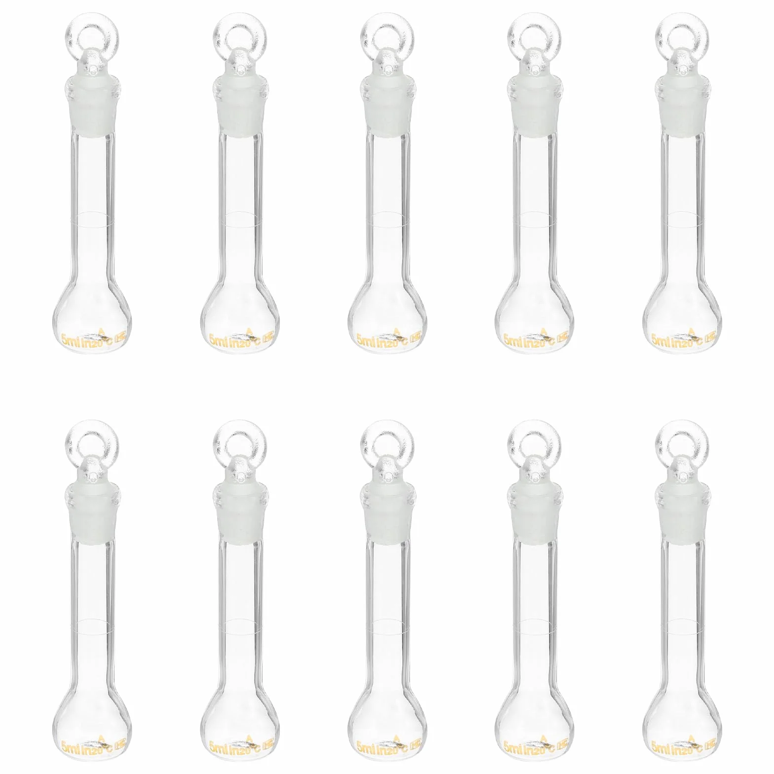 Matraz Volumétrico 5 ml, 10 Unidades Vidrio Borosilicato 3.3 con Tapón, Tolerancia 0.22 ml