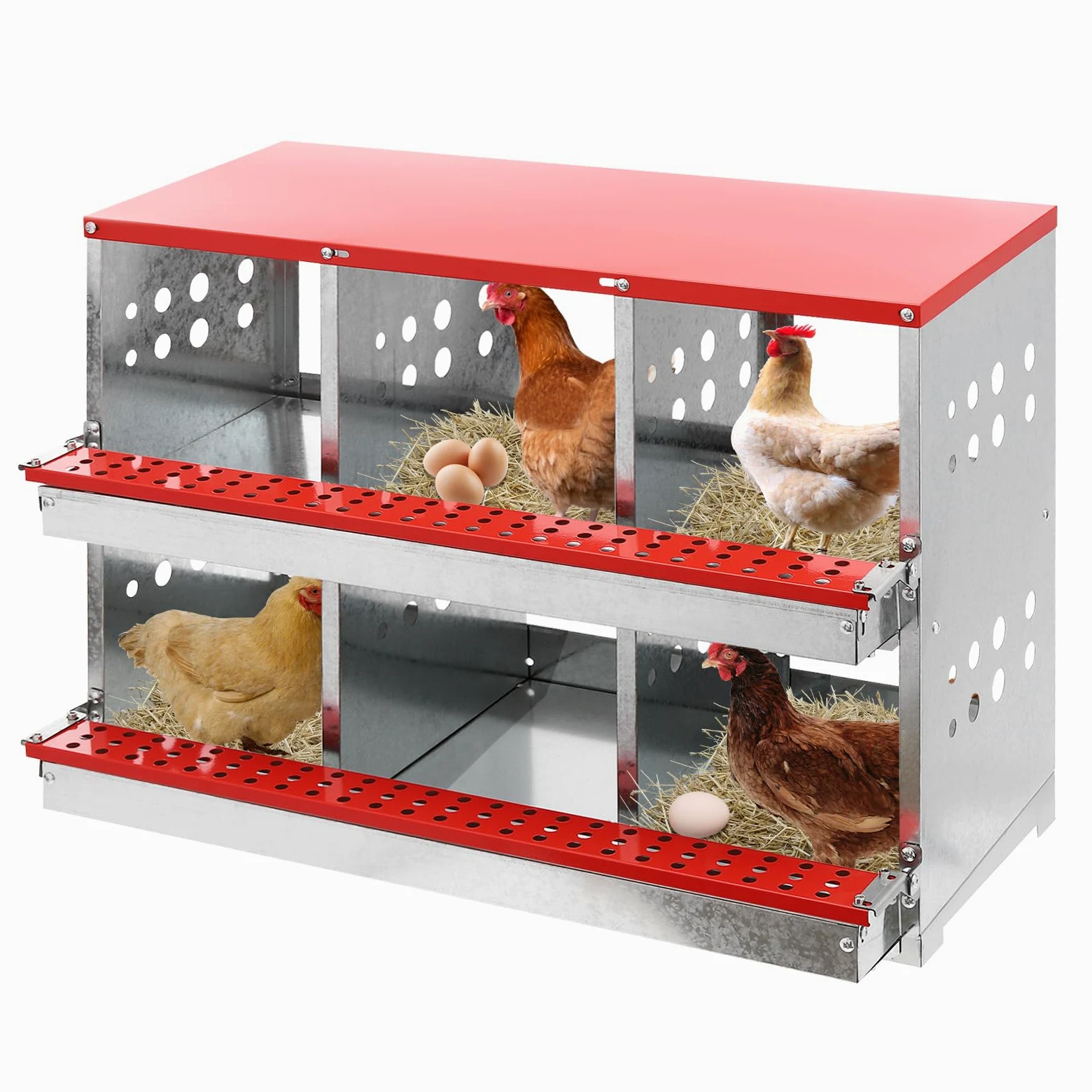 6 nidos para pollos, chapa galvanizada, 89 x 42 x 18 cm, con orificios de ventilación, para uso doméstico, granjas y grandes criaderos