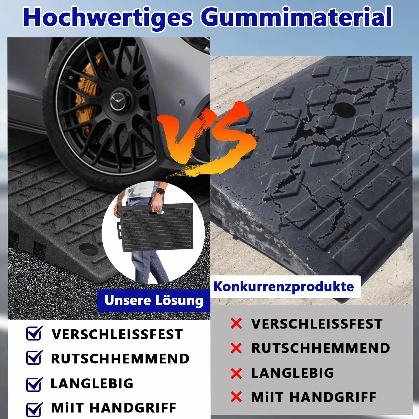 Rampa de goma para bordillos, 4 unidades, 10 cm de alto, portátil, con asa, para bordillos, sillas de ruedas, coche (50 x 32 x 10 cm)