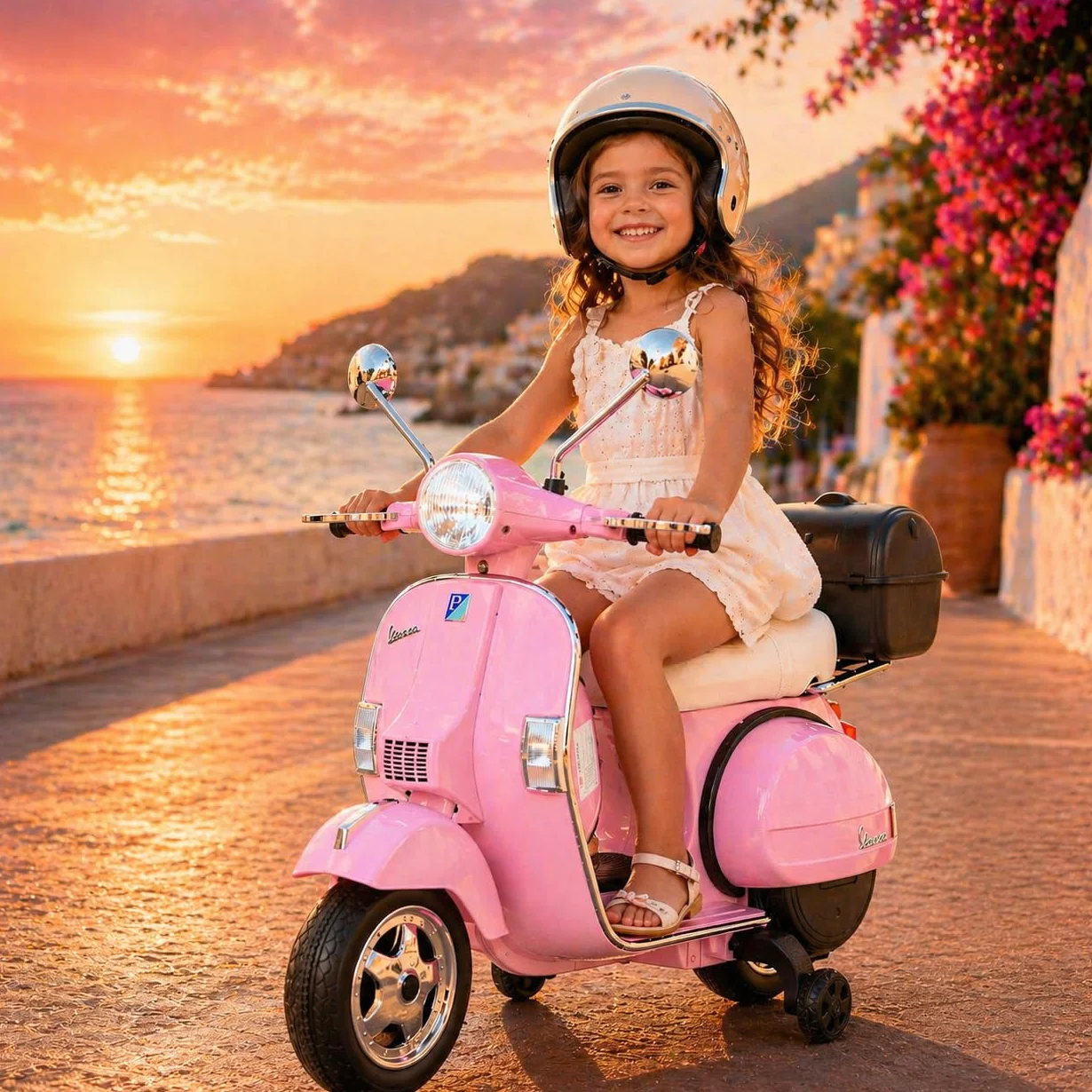 Vespa Clásica Moto Eléctrica 12V para Niños Licencia Oficial Piaggio con Batería Recargable, Ruedines, Luces y Sonidos - Scooter Infantil 3-6 Años (Rose)