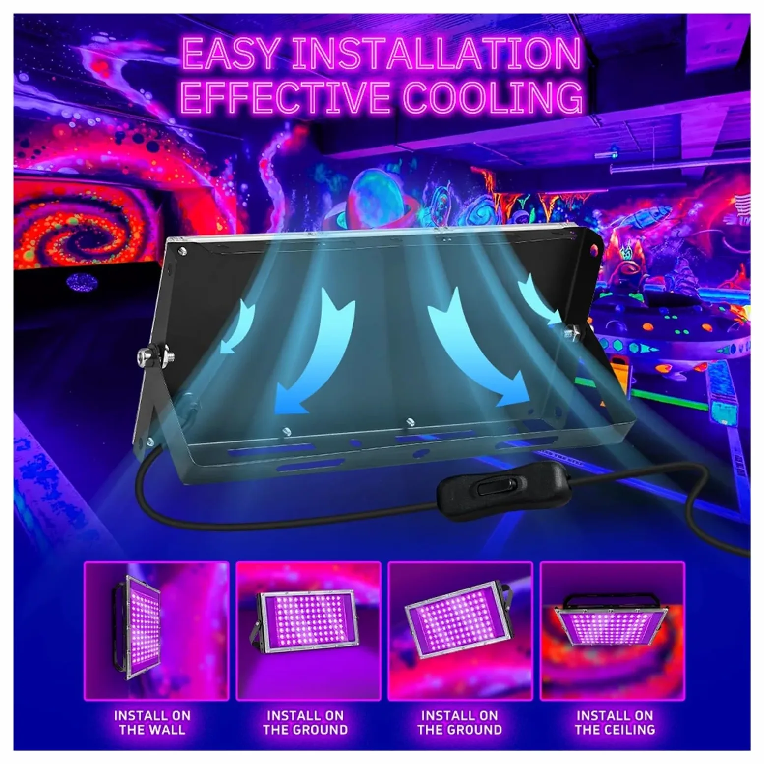 Lámpara de curado UV LED UV de luz Negra, Interruptor USB, 395 NM, for Fiestas, Bares, iluminación escenarios, Nocturna y Navidad(96LEDs-2P)