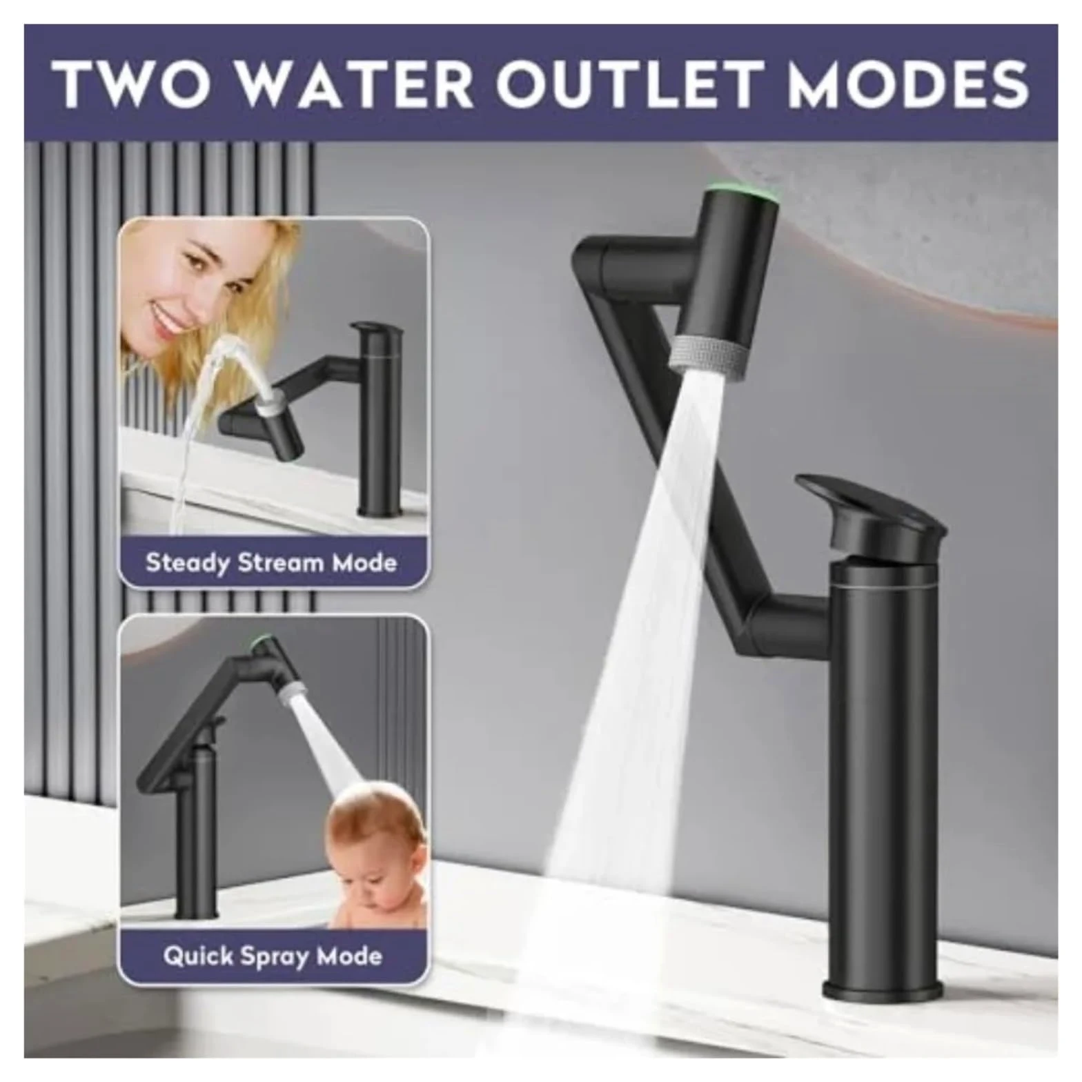 Grifo giratorio para baño 1080, mezclador de lavabo altura ajustable con pantalla LED temperatura,Seguro y Confiable(Chrome)