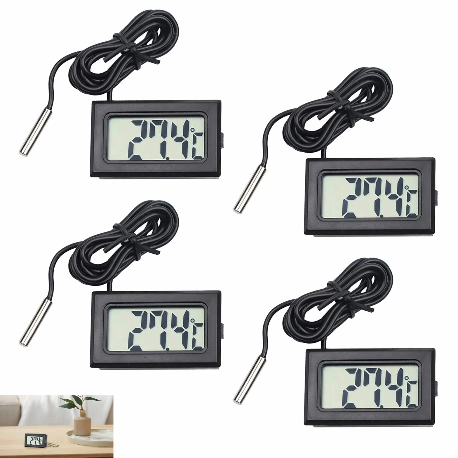 Termómetro Digital Mini con Sonda Externa Impermeable, 4 Piezas para Acuario, Refrigerador y Congelador