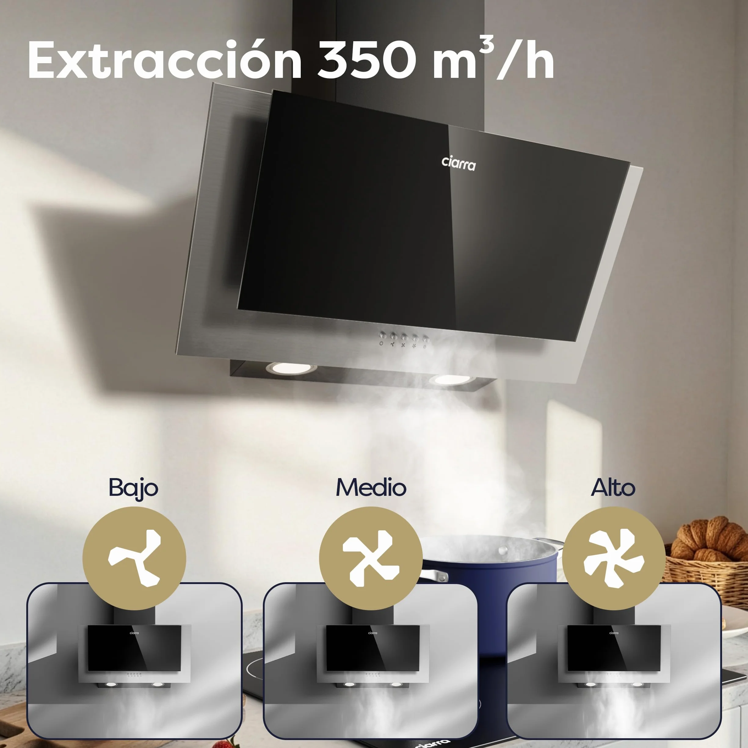 CIARRA Campana Extractora 60cm Clase A++ 350m³/h 3 Velocidades Acero inoxidable