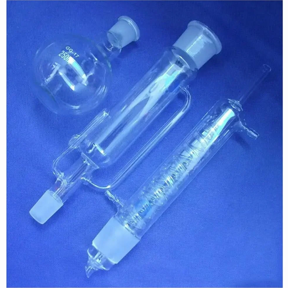Cristalería de Laboratorio Aparato de vidrio Soxhlet de 250 ml con condensador en espiral y cuerpo extractor. Cristalería de laboratorio.