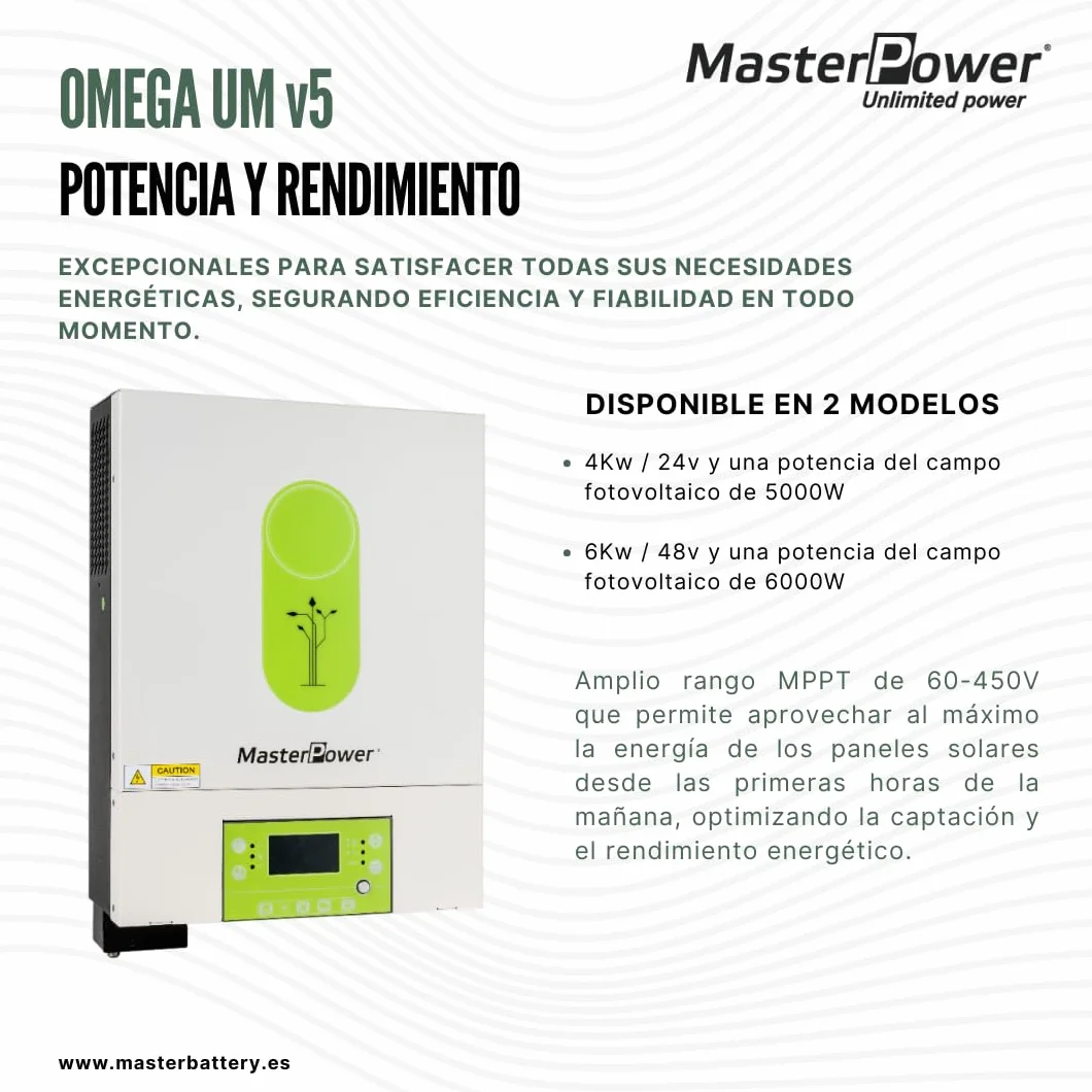 Inversor Híbrido Master Power UM-V5 6000W 48V – MPPT 120A para hasta 6000W en Paneles Solares – Doble Salida para Gestión Inteligente de Carga – Conexión WiFi