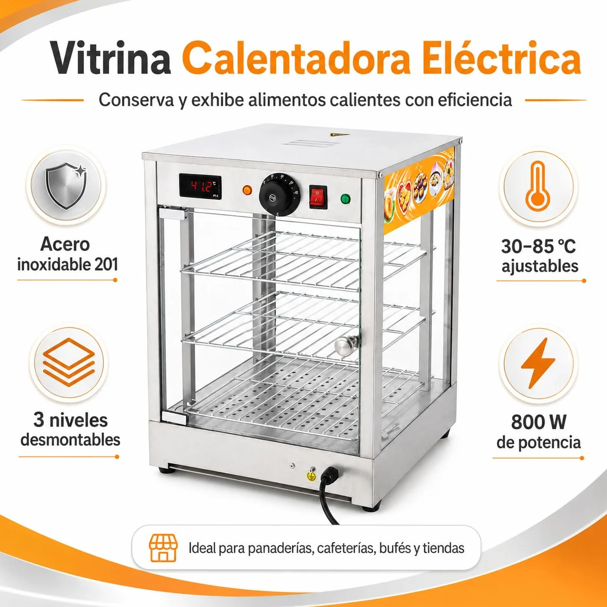 800 W - Vitrina para mantener el calor (3 niveles, 30-85 ℃, con función termostática, 220 V, 37,5 x 35,7 x 47,5 cm)