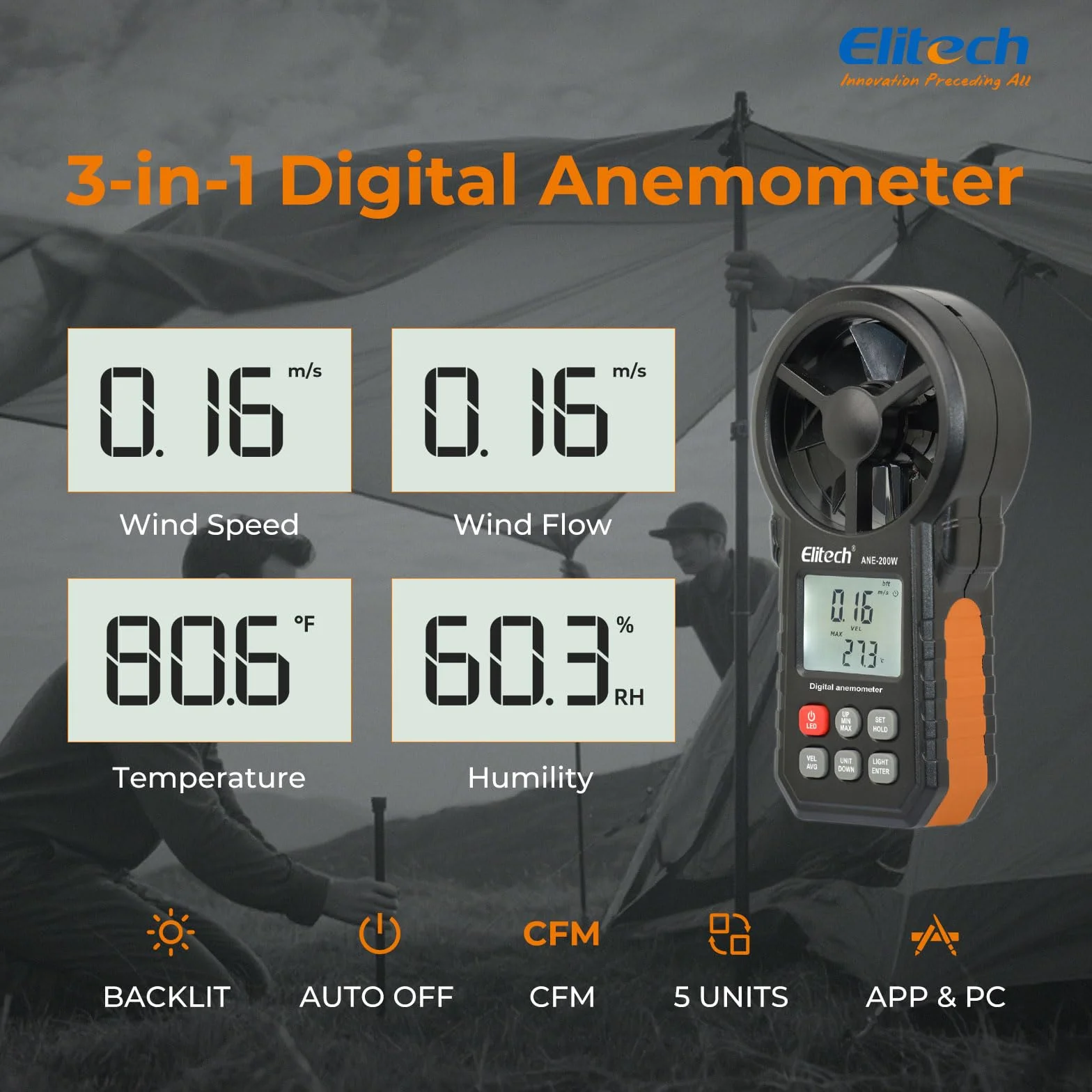 Elitech Anemómetro Digital Bluetooth ANE-200W Medidor Velocidad Viento Temperatura USB CFM/CMM
