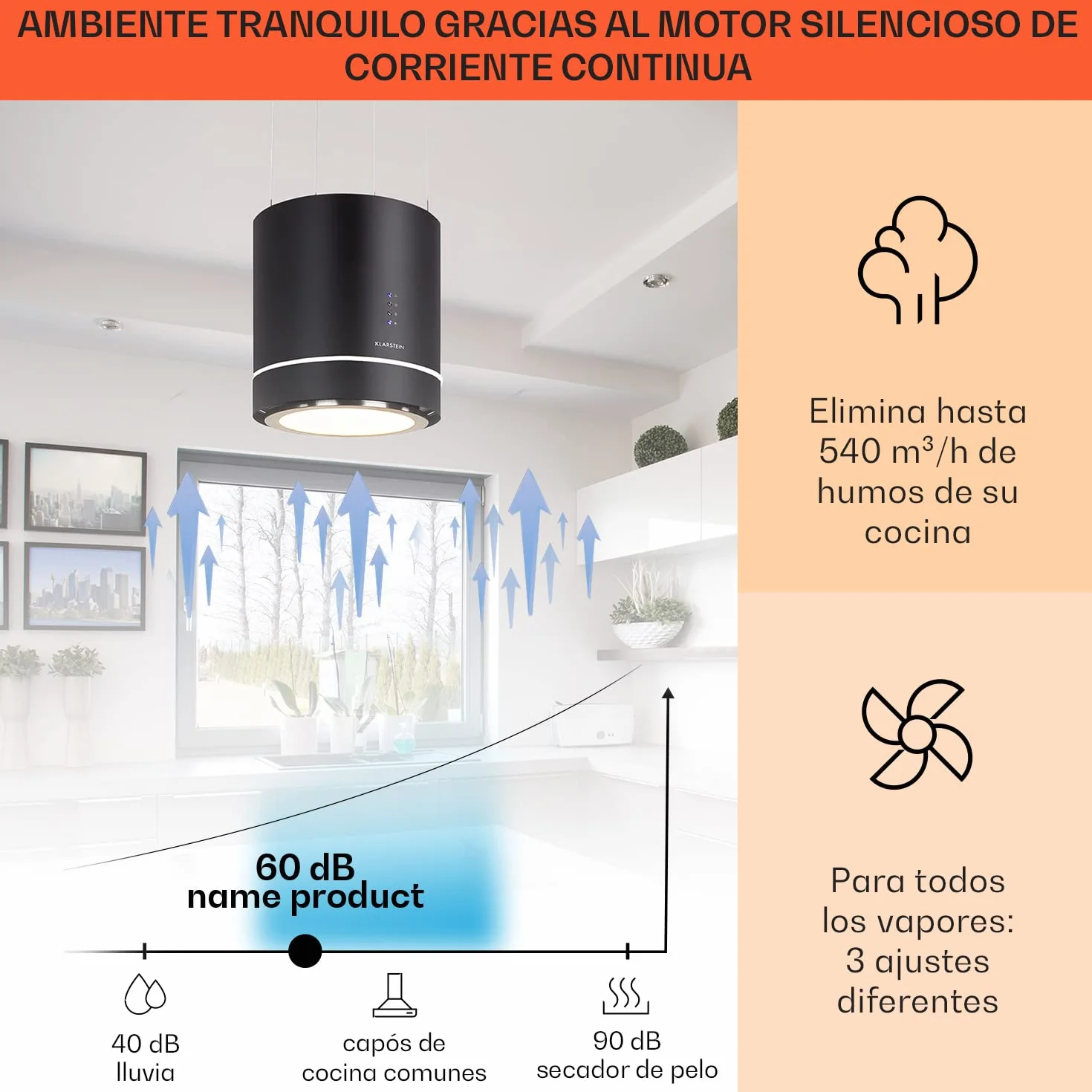 Klarstein Tron Ambience Campana extractora isla 165 W 540m³/h 38 cm 3 niveles LED Acero Grafito
