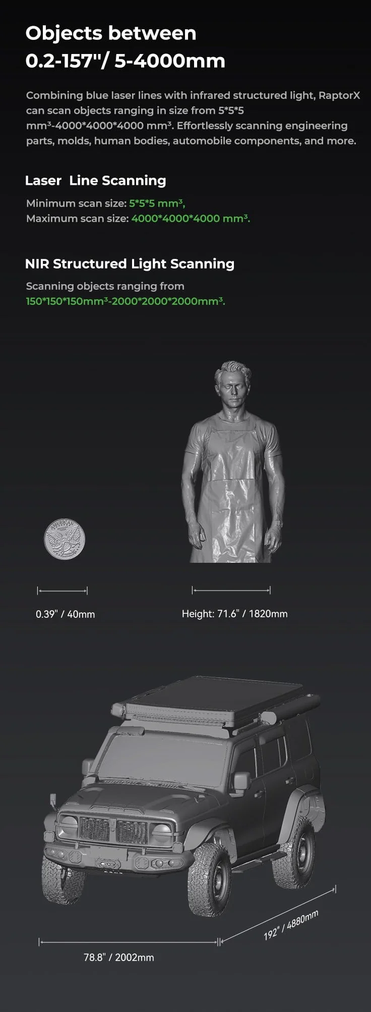Creality RaptorX - Escáner 3D para impresión 3D, escáner 3D de mano inalámbrico, precisión de 0,02 mm, 34+7 líneas láser azules y escáner NIR, Wi-Fi 6, seguimiento antivibración, soporte para objetos