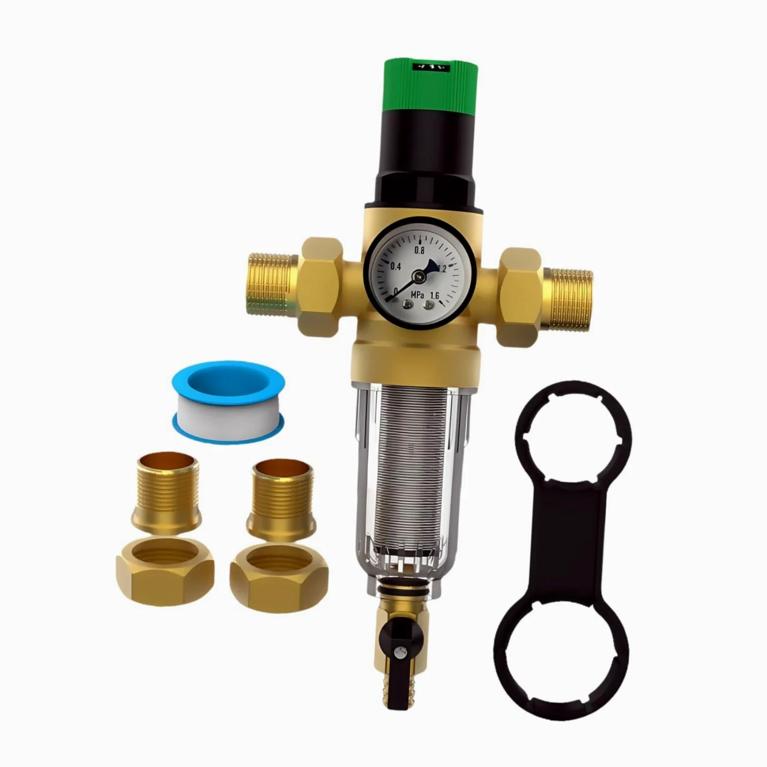 Regulador presión agua con filtro y manómetro, reductor presión agua para riego, 1.2inch