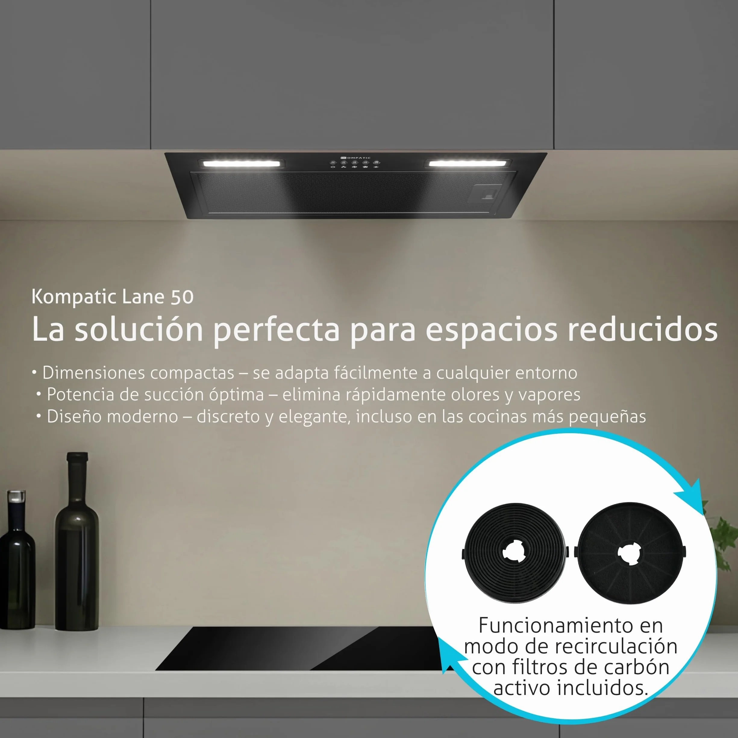 Lane 50 KLN50BI Campana Extractora Encastrable 50 cm, Clase A+++, 450 m³/h, Filtro de carbón KCF4, Temporizador, LED, 3 velocidades + boost, Negro