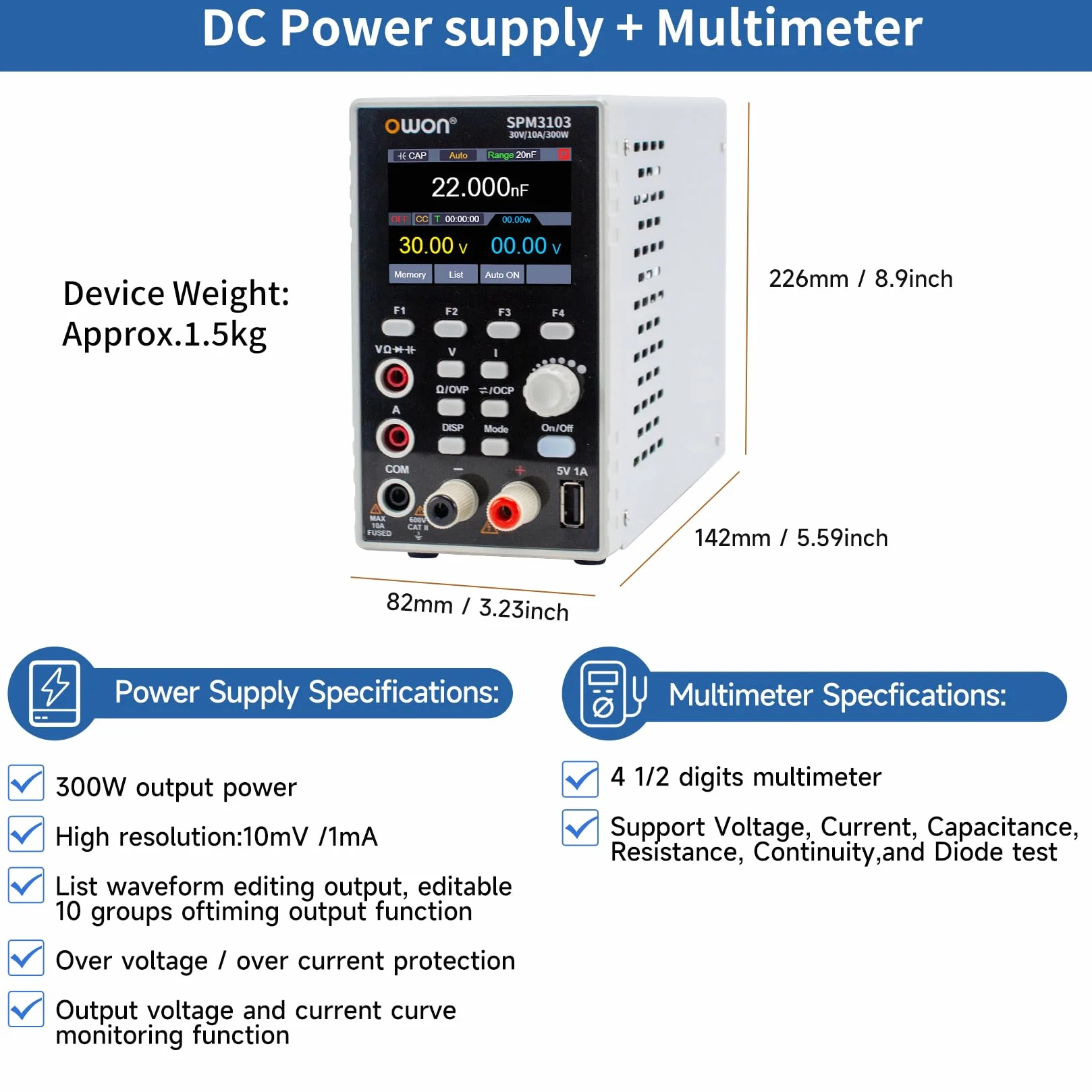 OWON SPM3103 Fuente de Alimentación y Multímetro 2 en 1 DC Fuente de Alimentación de Laboratorio 30V 10A, Fuente de Alimentación de Banco, con LED de Alta Precisión de 2,8”, Multímetro Digital