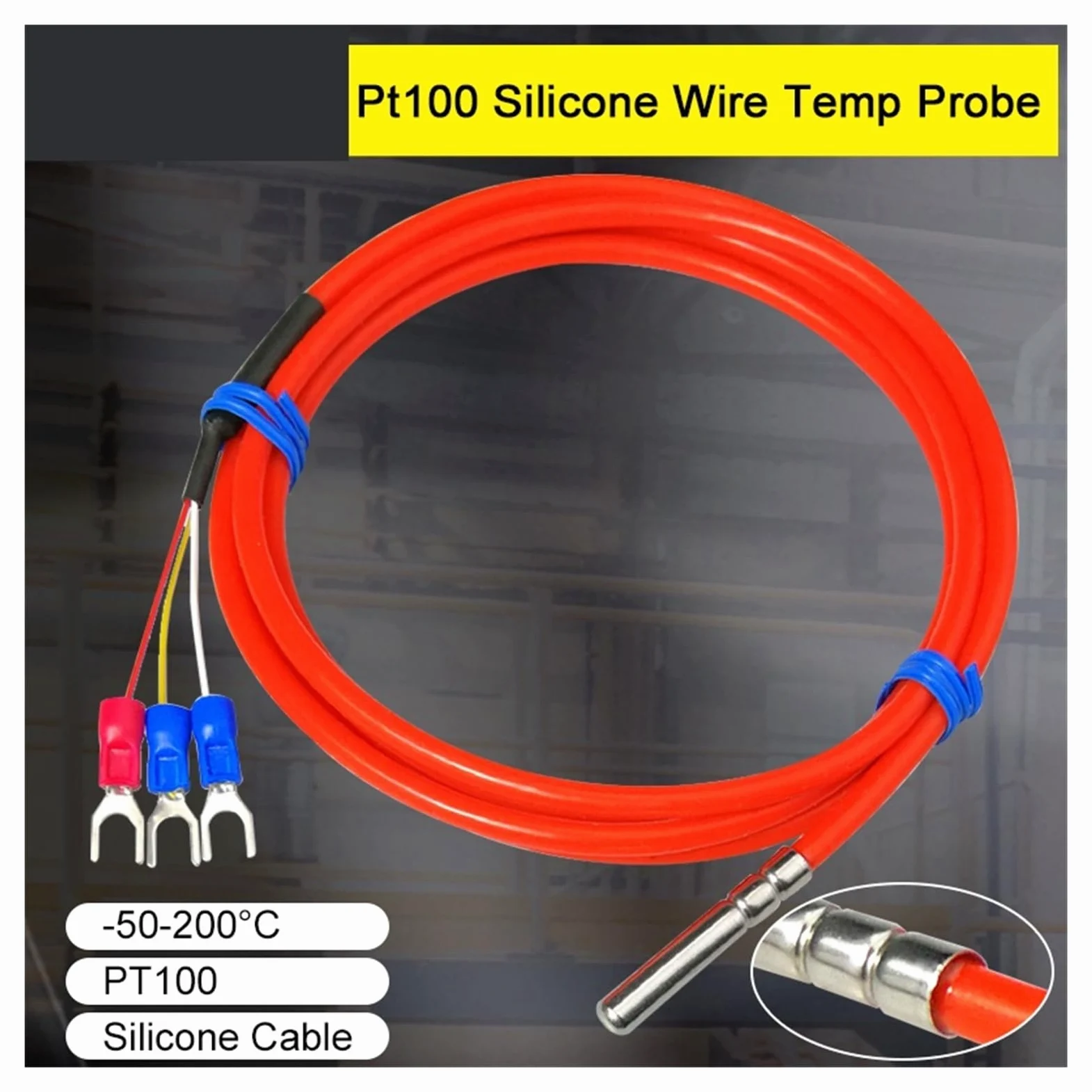 Sensor de Temperatura, Sensor PT100, sonda Cable Silicona, RTD Industrial Resistente al Calor y Aceite Acero Inoxidable(4 M)
