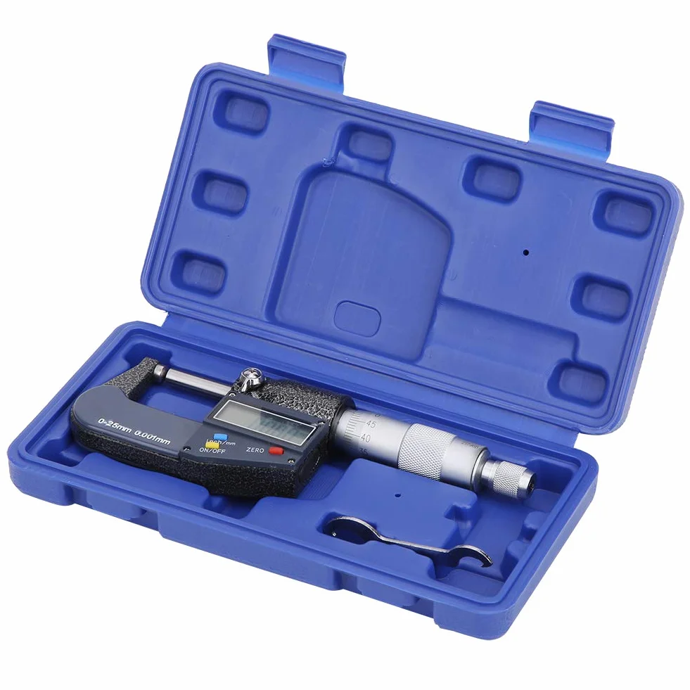Micrómetro, Micrómetro Doble Cabeza Redonda Digital Acero Inoxidable con Llave, Rango 025mm Resolución Métrica 0.001mm/0.0005in, Micrómetros Exteriores