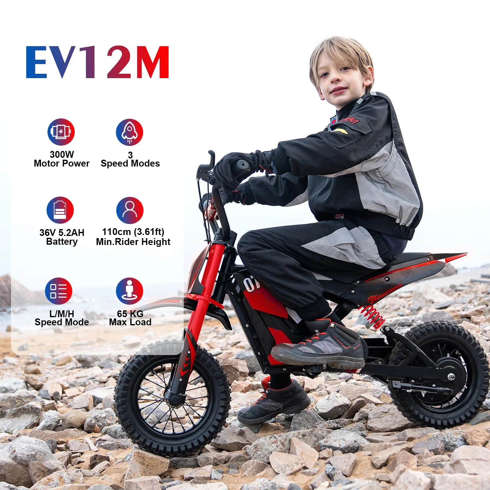EVERCROSS EV12M Motocicleta Eléctrica Niños 300W 3 Velocidades 18km Alcance 12" Neumático Cross 110cm+