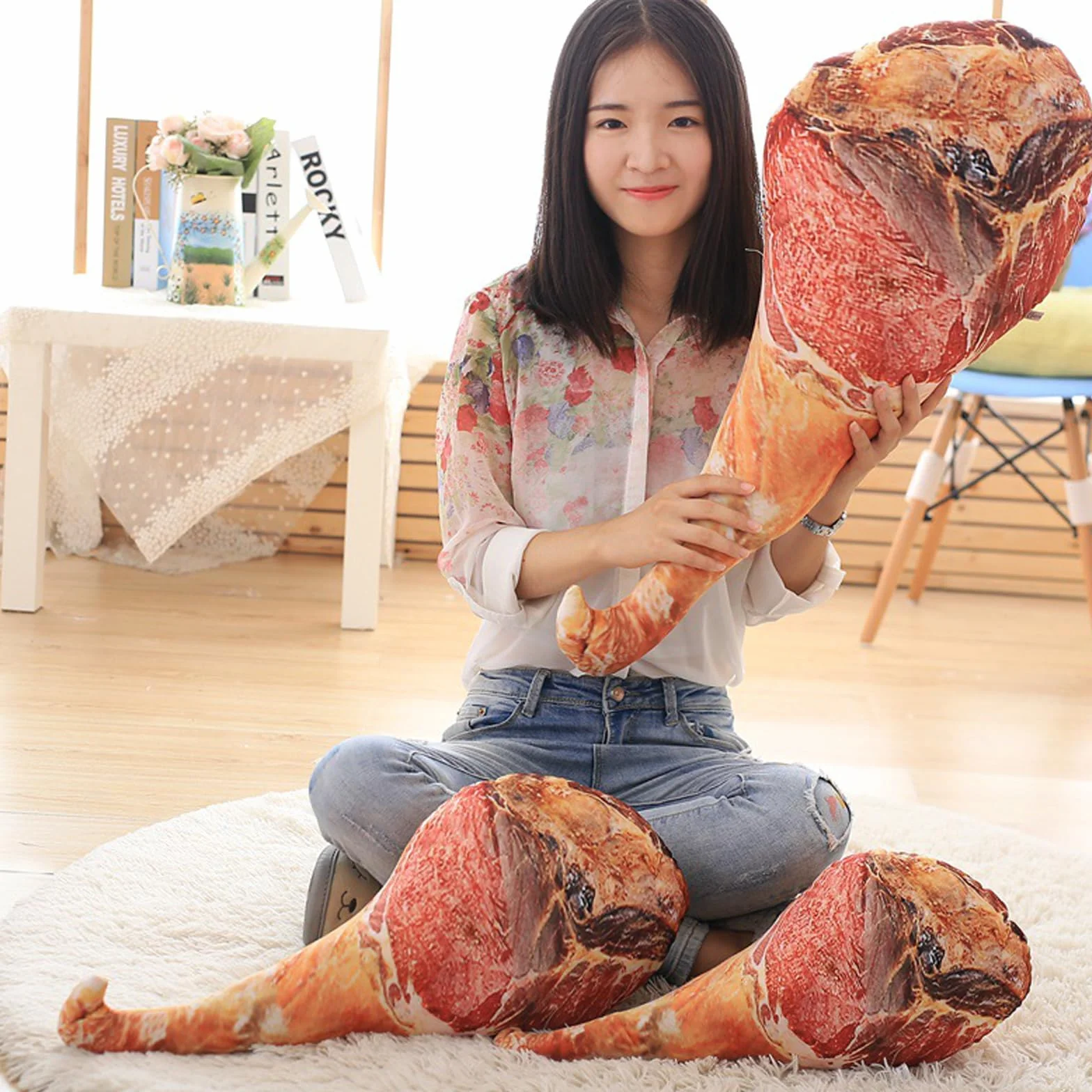 Cojín humorístico en forma de jamón, tela suave y felpa creativa para acentos de vivienda y regalos