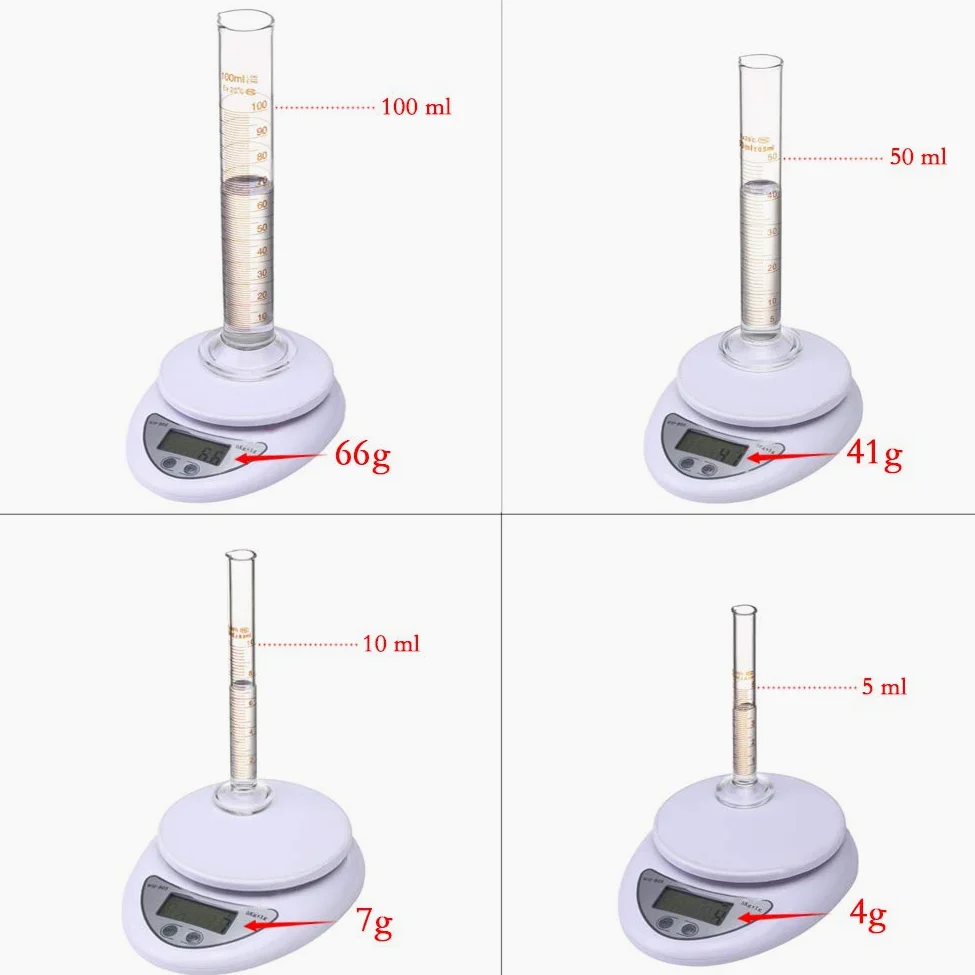 Juego de cilindros graduados de cristal, 5 ml, 10 ml, 50 ml, 100 ml, con 2 varillas de agitador de vidrio y 1 cepillo