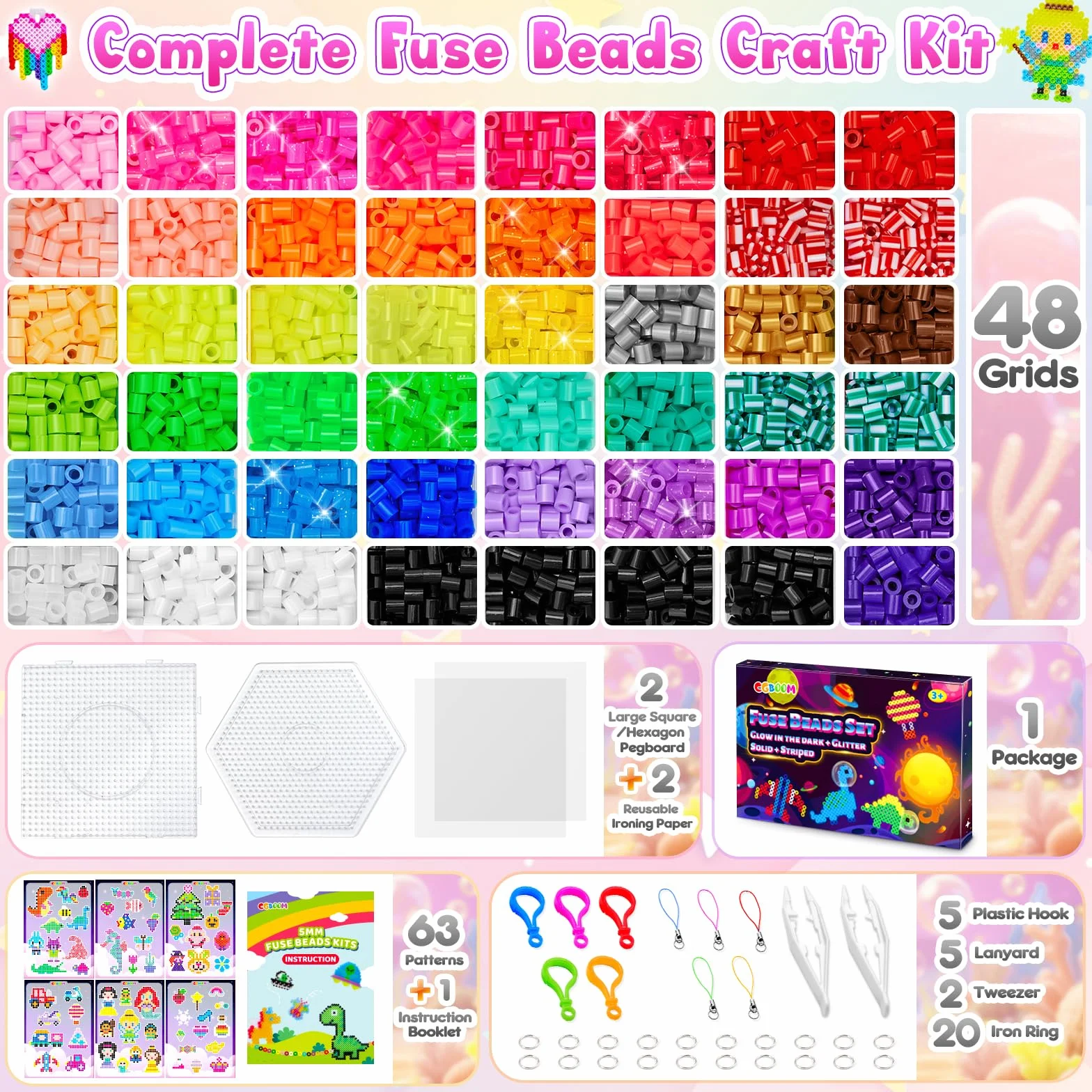 Fuse Beads Kit 5MM Perlas Fusibles de Purpurina Bicolores Fosforescentes Brilla en la Oscuridad Cuentas Plásticas Manualidad