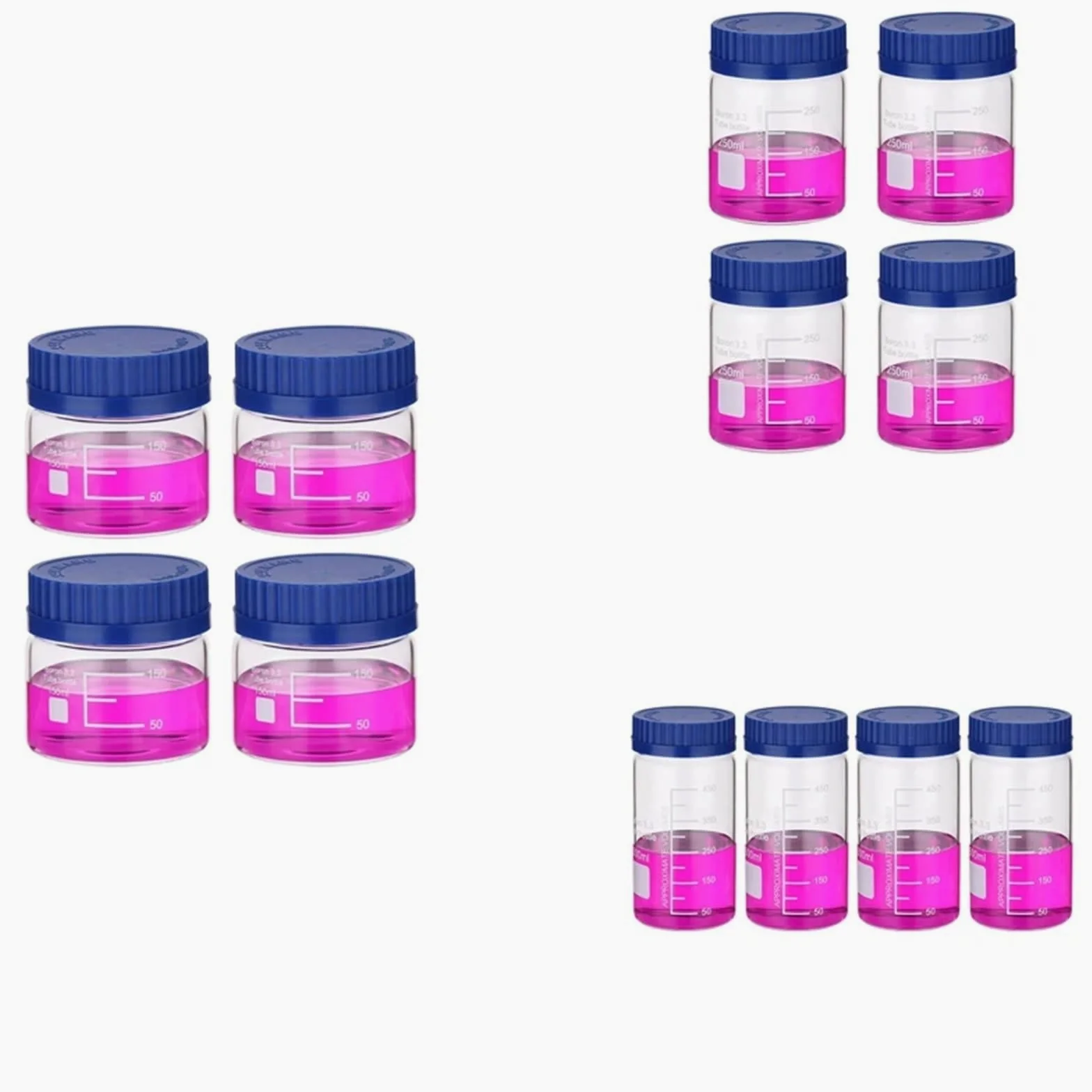 Frasco de vidrio para reactivos de laboratorio, Frascos de reactivos graduados de vidrio de borosilicato, 150 ml/250 ml/500 ml, tapón de rosca GL32, azul, paquete de 4(Blue 500ml)