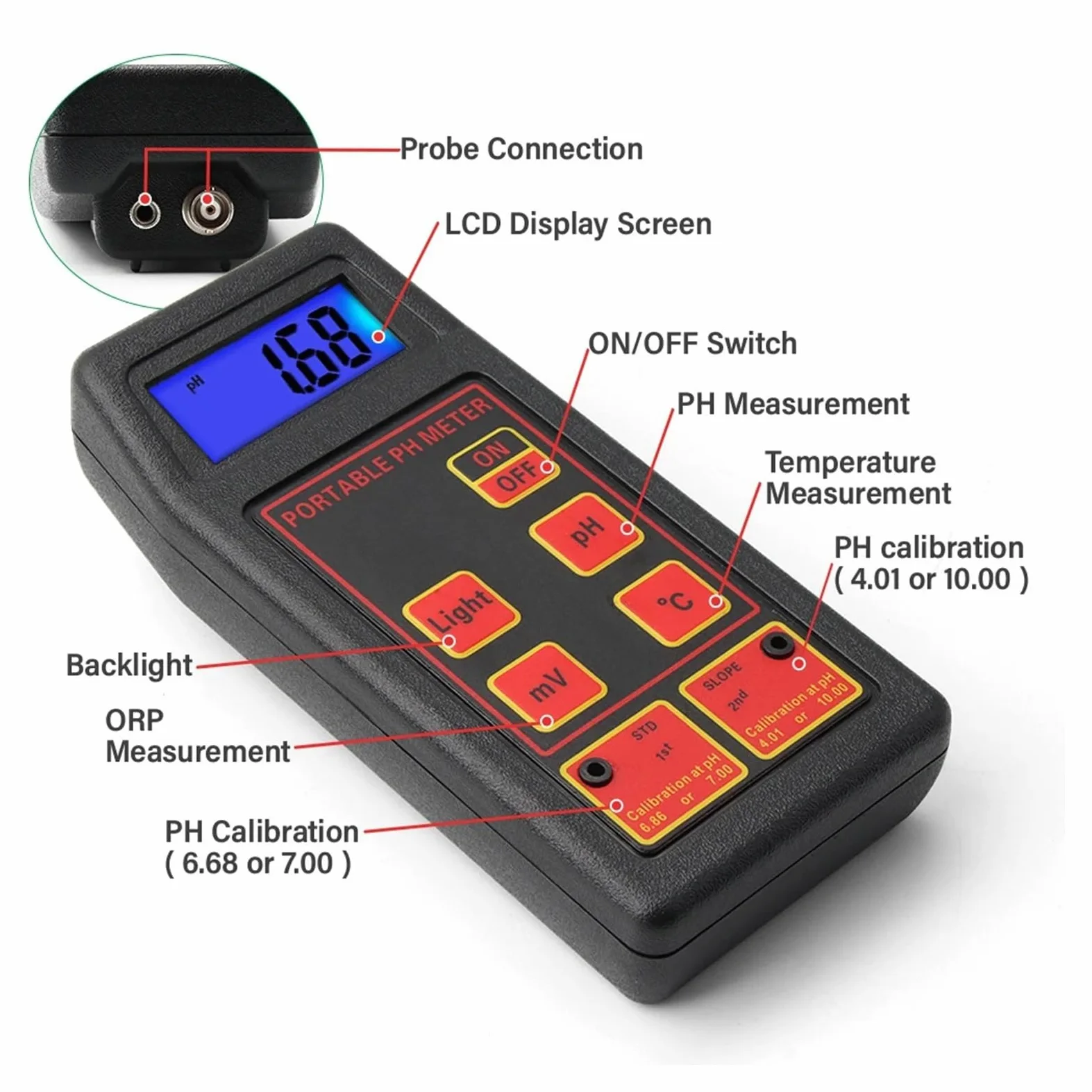 sonda de ph Medidor de pH y medidor de temperatura ORP PH-8424 Probador digital de calidad del agua 0-14 pH(1.2M probe Meter)