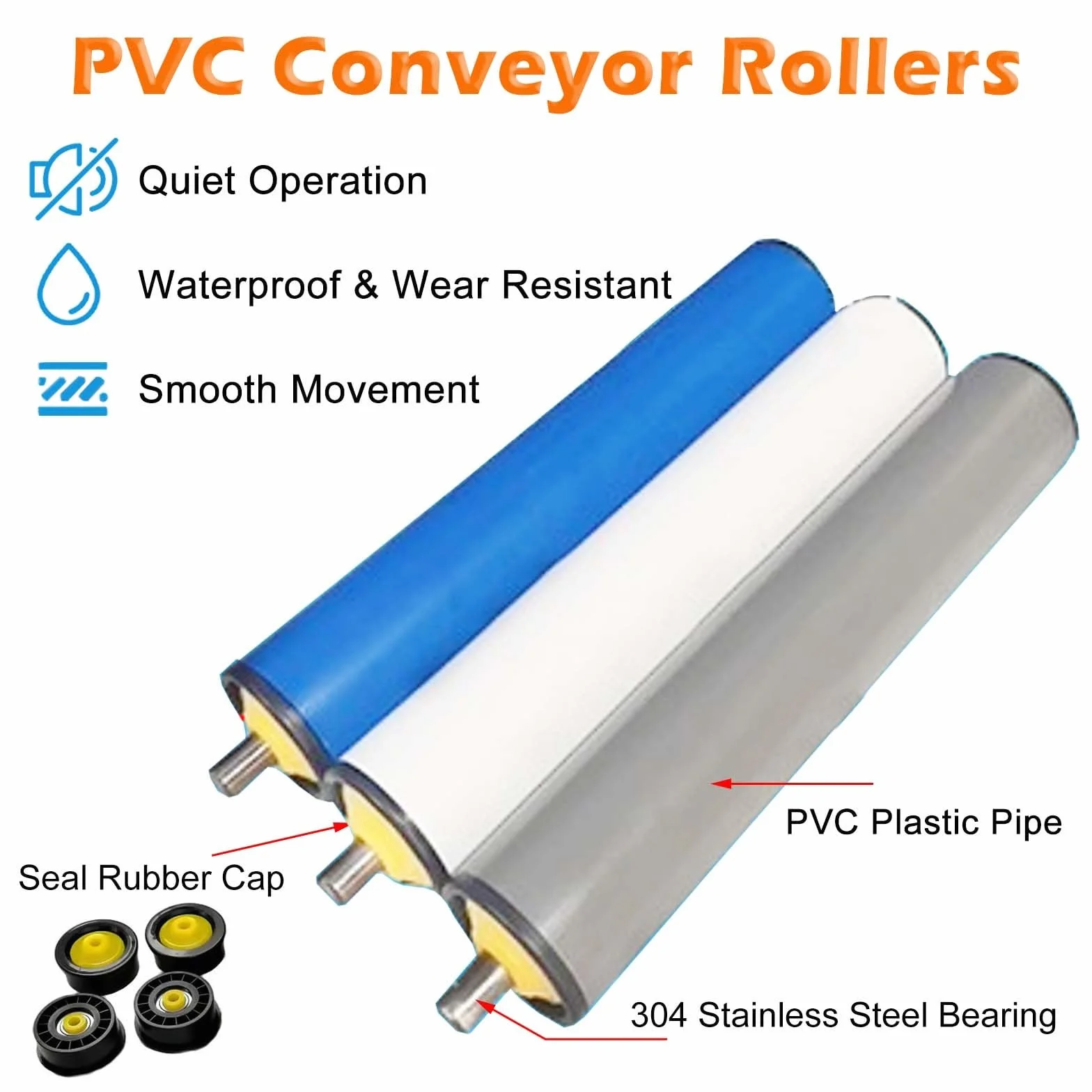 Rodillo Transportador 5 Rodillos Transportadores De PVC, 100 200 300 400 500 600 700 800 900 1000 MM, Blancos, Con Rodamientos De Acero Inoxidable, Industriales, Sin Motor.(Dia 20mm(4/5"),L 400mm/15.7