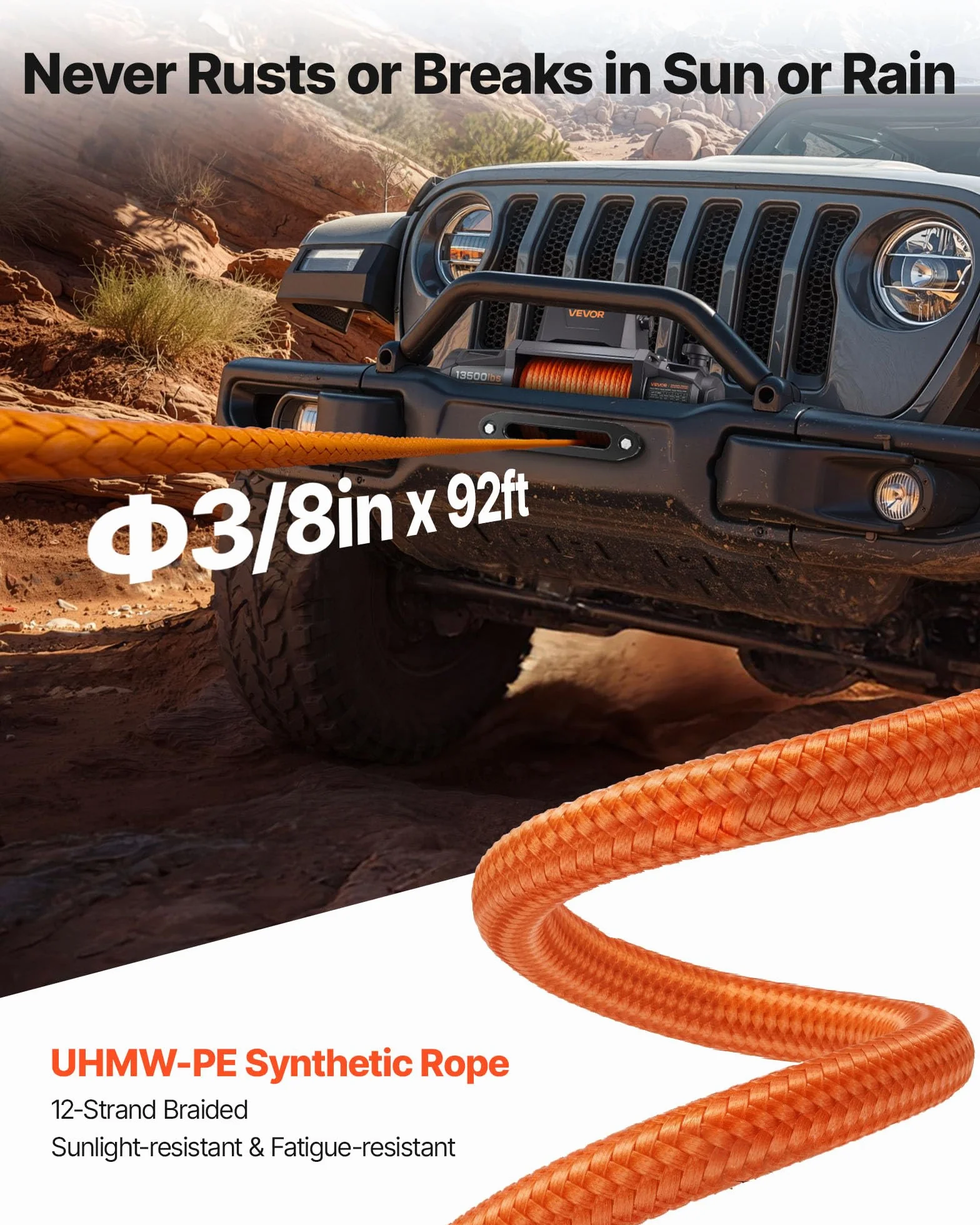 VEVOR Cabrestante Eléctrico de 12 V CC, 6100 kg, con Cuerda Sintética de Φ 9,5 mm x 28 m, Control Remoto Inalámbrico y con Cable, Resistente al Agua, para Remolcar SUV, Jeep, Remolques, Barcos