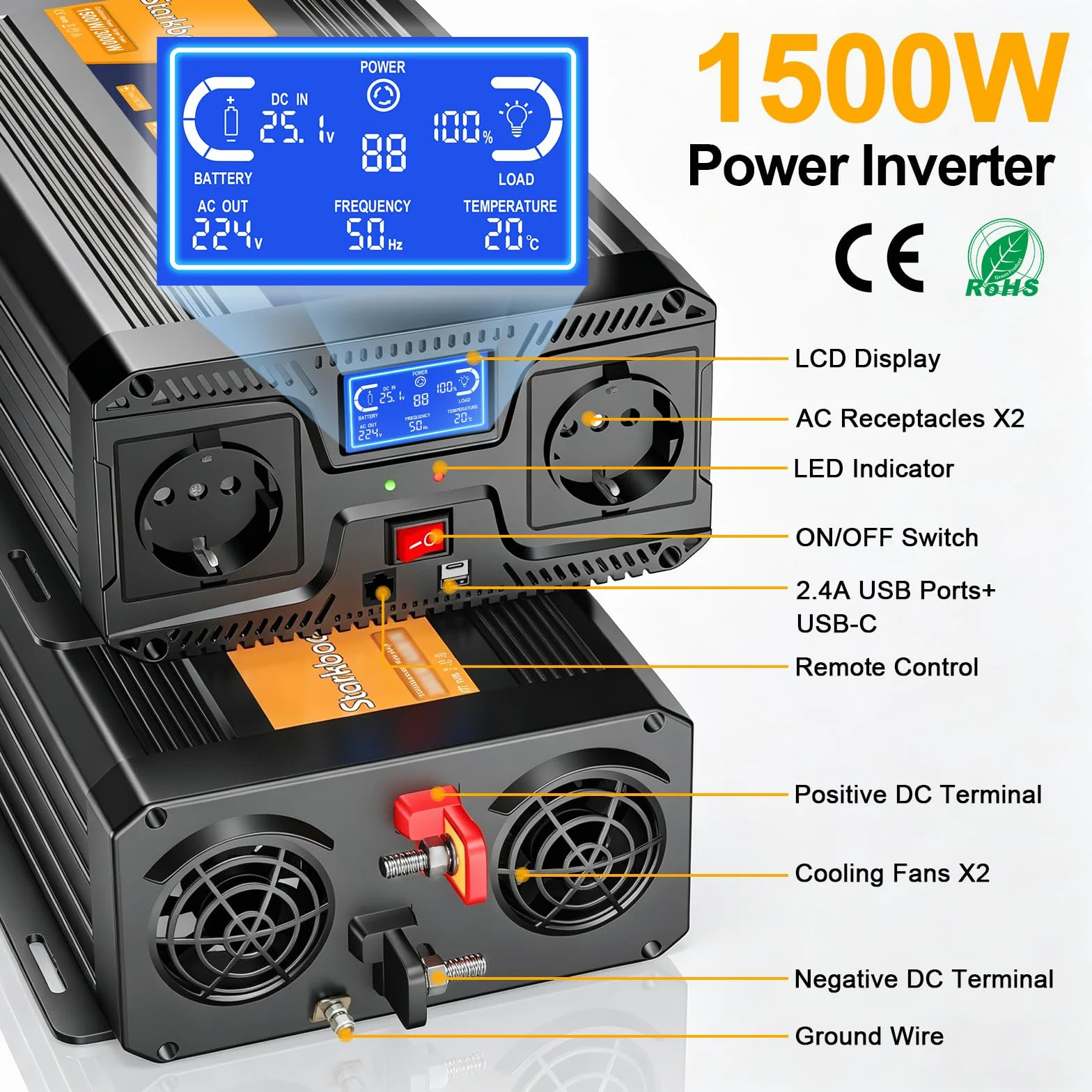 1500W/3000W inversor 24V 220V Onda Pura, Transformador 220v a 24v, convertidor para Coche, con Pantalla LCD, Mando, Enchufe CA y USB-C. Ideal para autocaravanas, Coches, Solar, Camping y apagones