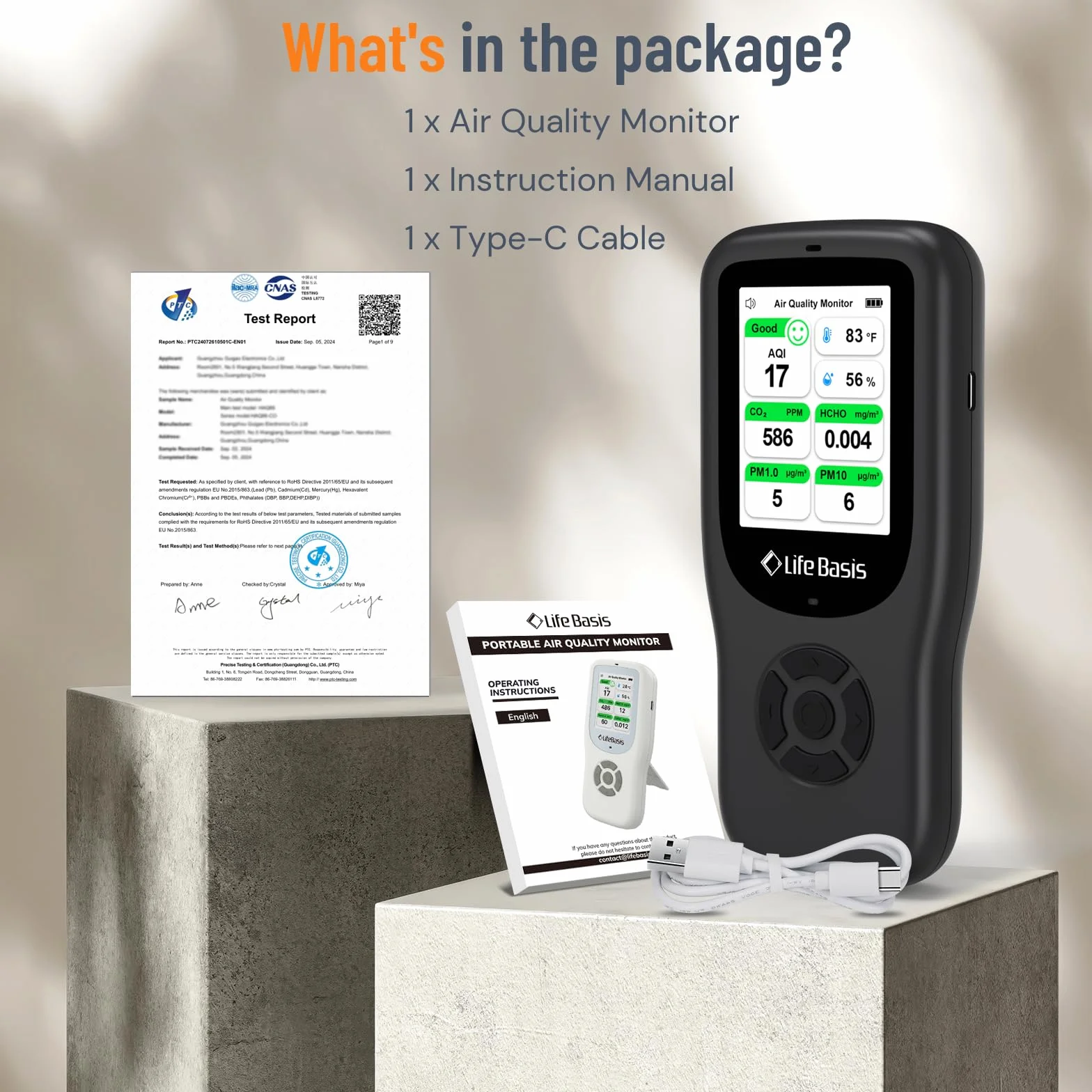LifeBasis Medidor Calidad Aire 10 en 1 Detector de Gas Recargable con Soporte Medidor CO2,AQI, PM1.0, PM2.5, PM10, TVOC, HCHO, Partículas, Temperatura y Humedad para Hogar Oficina Escuela