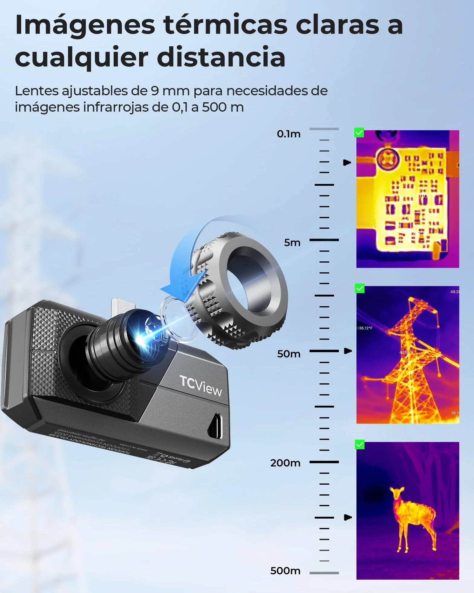 TOPDON TS001 Cámara Térmica para Android, Lente Ajustable de 9mm, Rango de Observación 0.1 a 500M, Alta Resolución 512 x 384 IR, 25Hz, Cámara Termográfica de Enfoque Manual para Placas PCB, Exterior