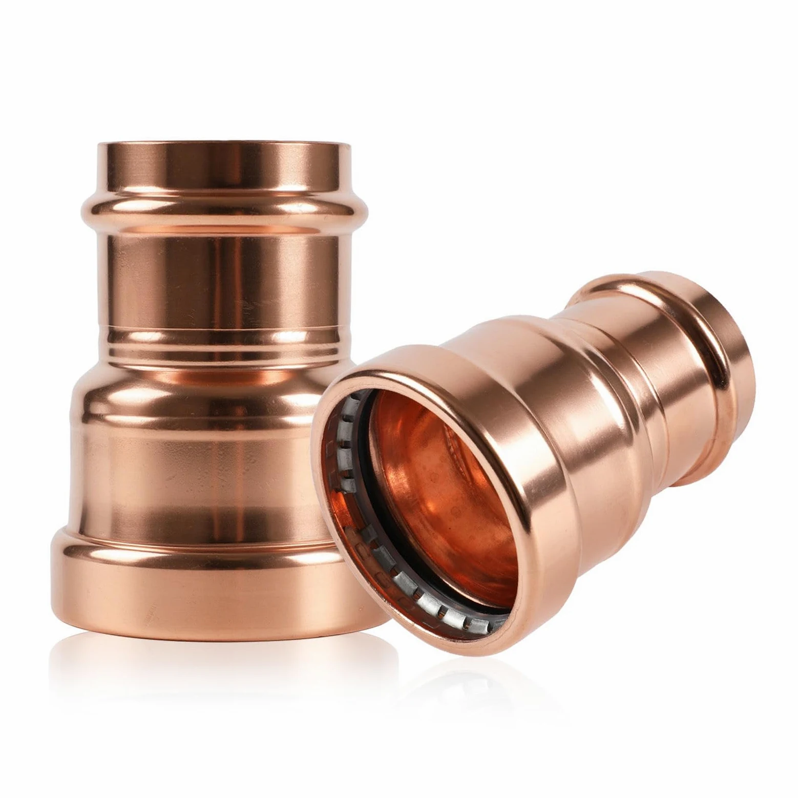 Paquete de 2 acoplamientos de presión de cobre GUOFIS sin tope, 1-1/4" x 1/2", acoplamiento de cobre para conexiones de tuberías de reparación y remodelación de plomería, diseño de flujo continuo.