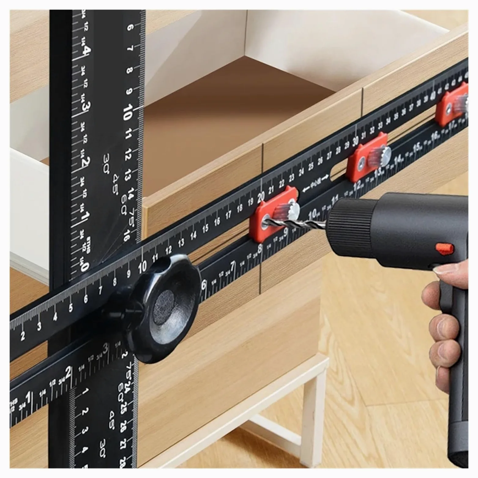 escuadra (herramienta de carpintero) Regla de posicionamiento de perforación 2 en 1, regla de ángulo combinado, regla en forma de T, accesorios del armario, plantilla, instalación de cajón, carpinterí