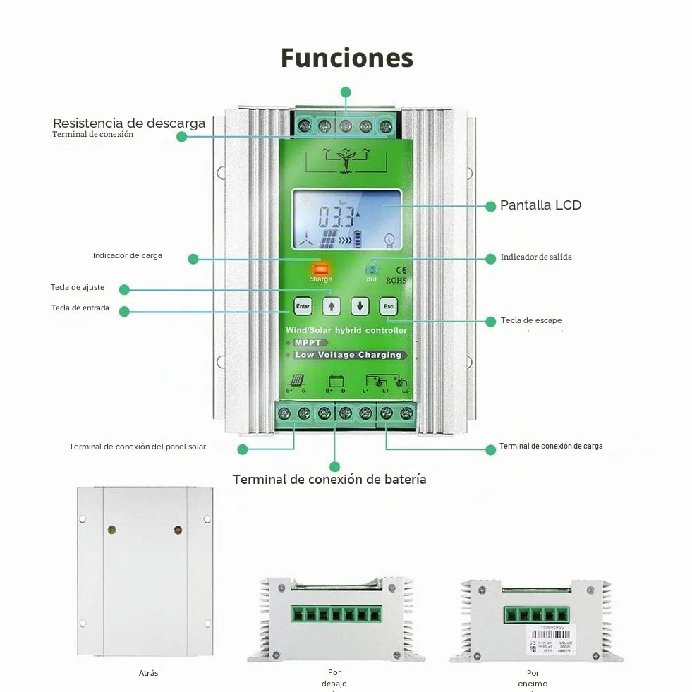 SolaMr 1000W MPPT Controlador de Carga Híbrido Solar Eólico 400W Solar y 600W Energía Eólica Controlador Híbrido de Carga 12V/24V Sistema de Identificación Automática de Voltaje