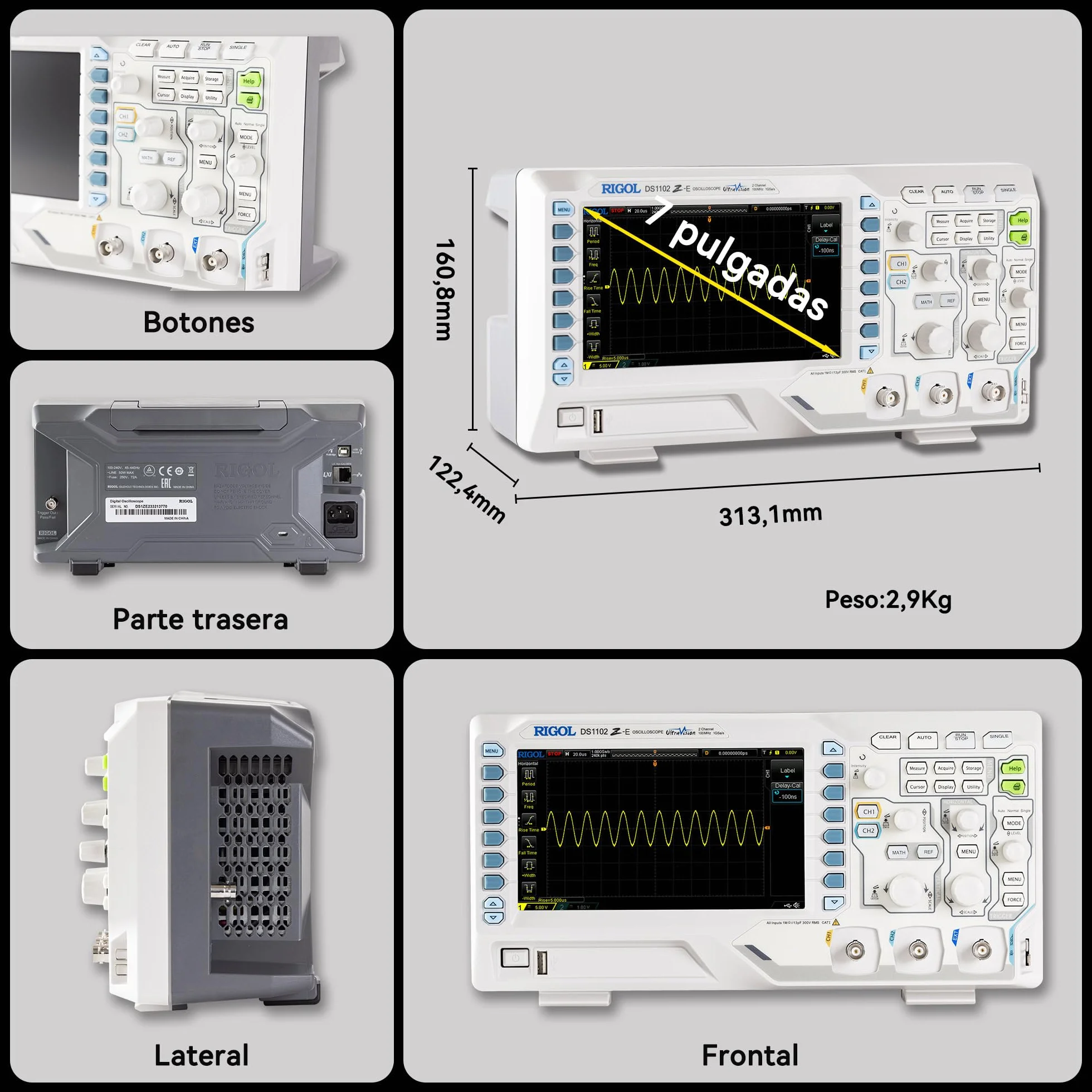 RIGOL Osciloscopio,DS1102Z-E Osciloscopio Digital,100 MHz,2 canales+EXT,pantalla de fósforo HD de 7 pulgadas,Alta relación calidad-precio,ideal para I+D,mantenimiento y enseñanza en laboratorio