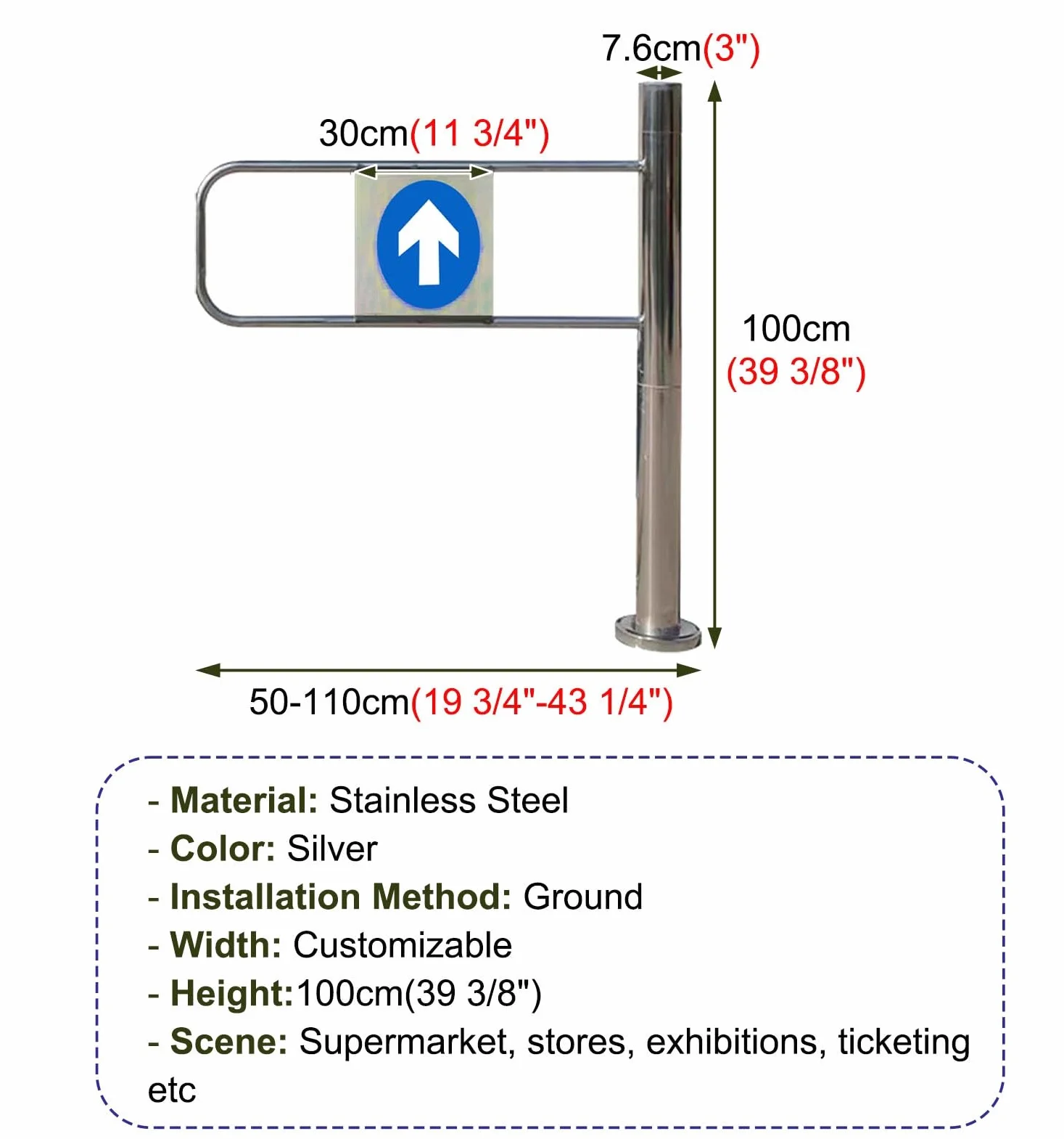 Puerta oscilante de seguridad universal ajustable de acero inoxidable para entradas de supermercados, barrera giratoria unidireccional para mejorar la seguridad y soluciones de control de multitudes