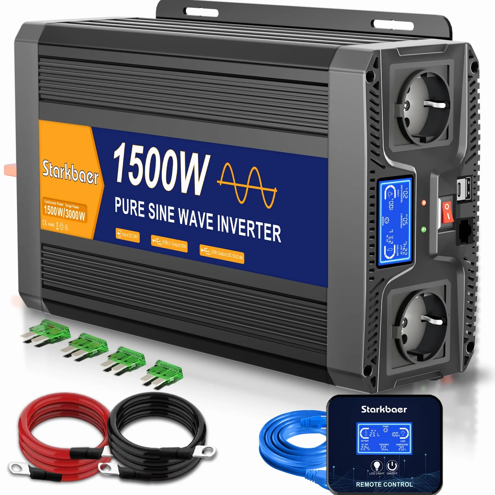 1500W/3000W inversor 24V 220V Onda Pura, Transformador 220v a 24v, convertidor para Coche, con Pantalla LCD, Mando, Enchufe CA y USB-C. Ideal para autocaravanas, Coches, Solar, Camping y apagones