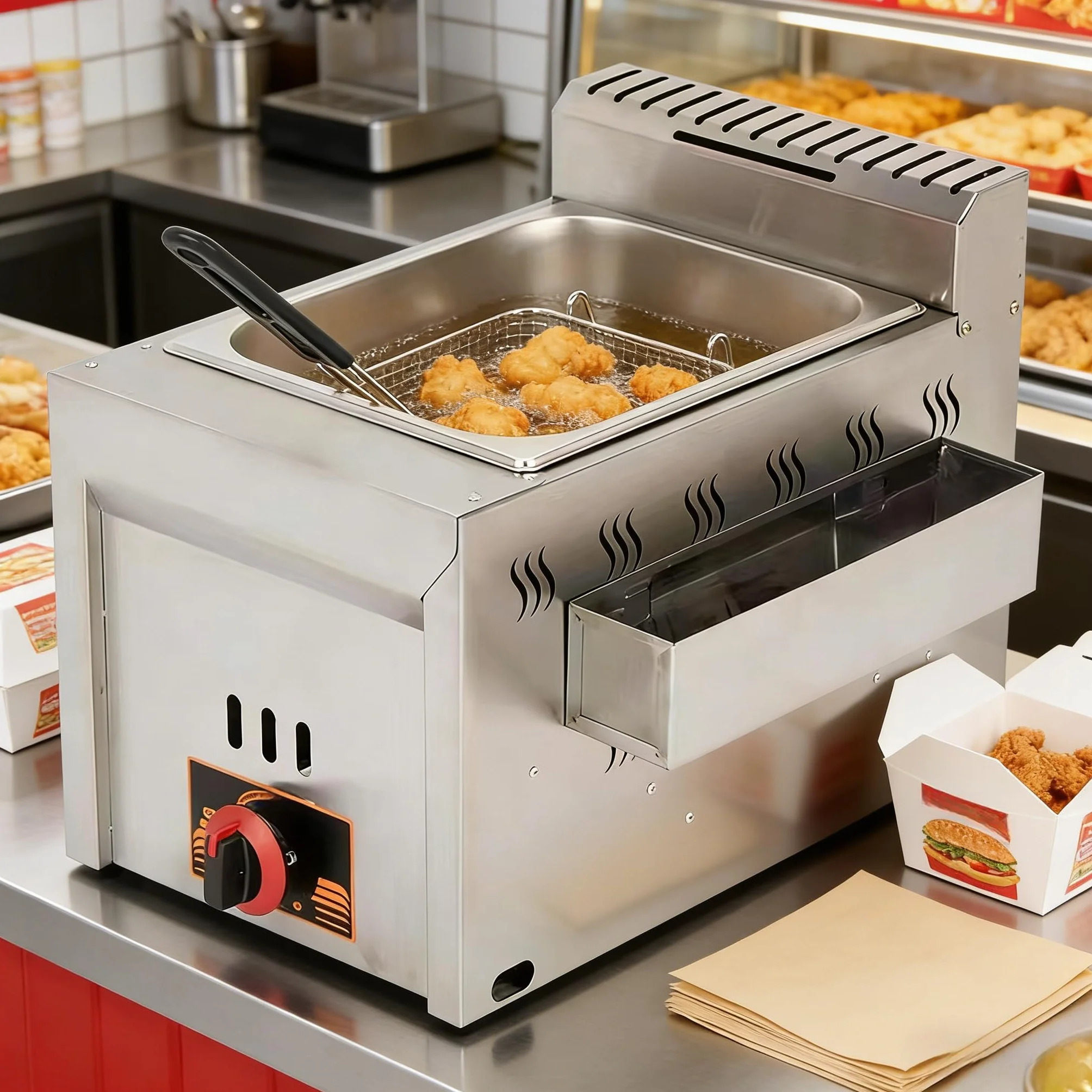 Freidora de Gas Profesional, Freidora Aceite 8L,Acero Inoxidable Grado Alimenticio, Cesta y Tapa de Malla Metálica Reforzada, Cesta Extraíble, para Cocinas Comerciales y Camiones de Comida.